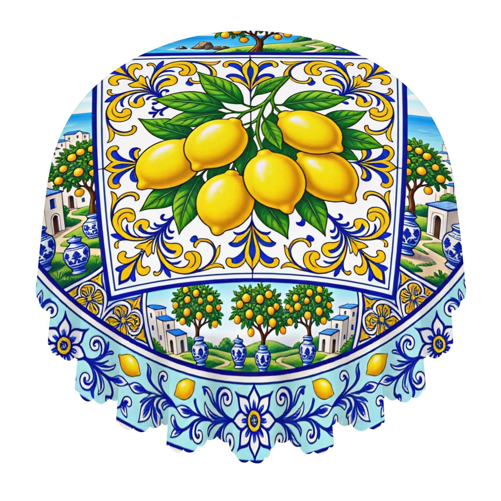 Lemon Blue Yellow Round Tablecloth Waterproof Washable For Dining Party