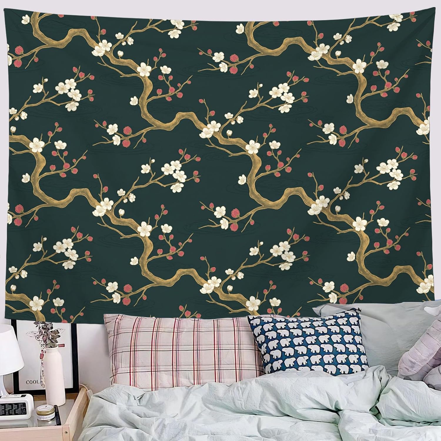 JRISEMECY Oriental Flowers Branches Tapestry Wall Hanging Zen-Inspired Plants Wall Art | Charcoal Gray Tapestries Decor For Bedroom Living Room Dorm Home Aesthetic Decoration 40 X 30 Tapestry