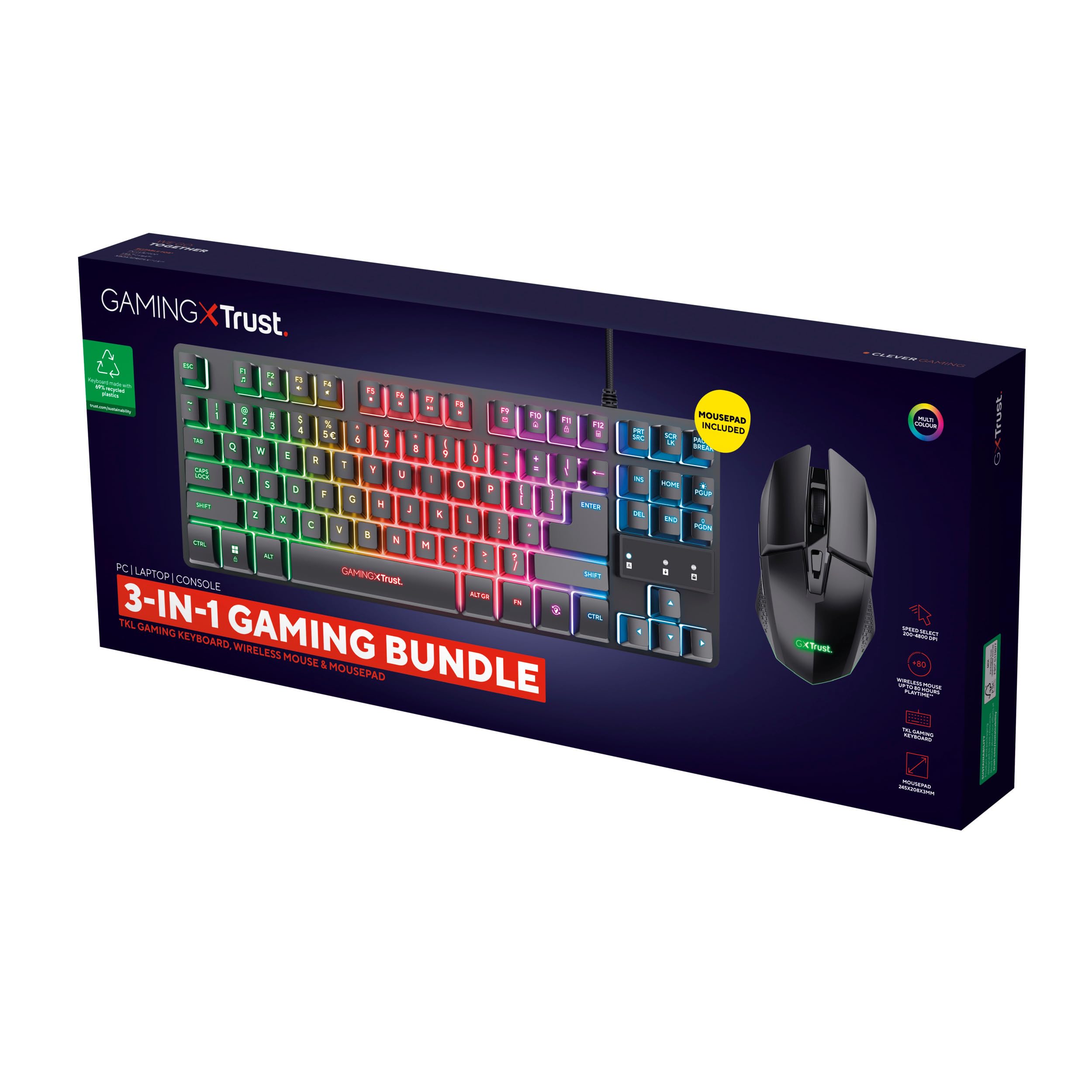 Trust GXT 1794 - Set tastiera da gioco QWERTZ DE, layout con mouse wireless e tappetino per mouse, pacchetto da gioco a LED 3 in 1, mouse wireless ricaricabile, 80 ore, tastiera compatta TKL USB,