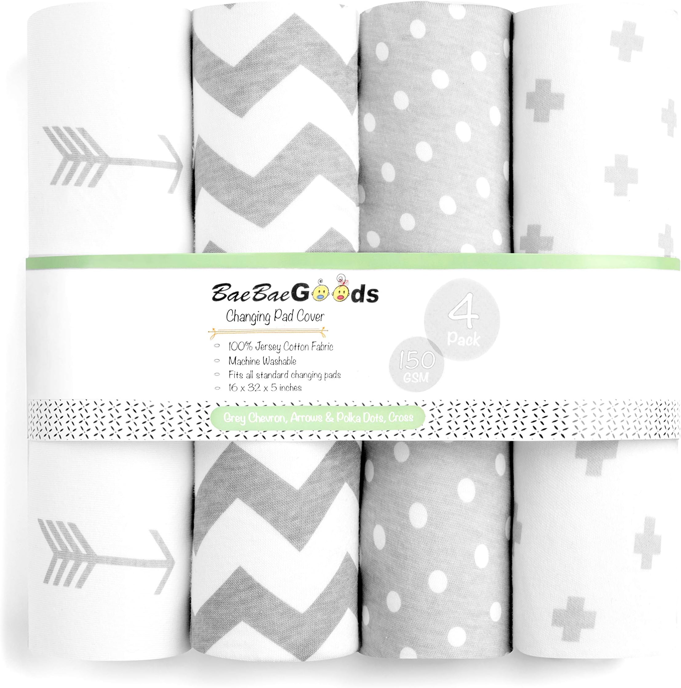 Premium Baby Changing Pad Covers 4 Pack – Boy or Girl Changing Pad Cover – Pure Jersey Machine Washable Grey and White Changing Table Cover – Diaper Changing Pad Cover Sheets