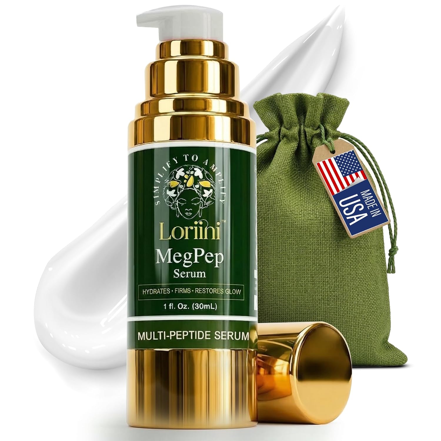 Loriini™ MegPep Multi-Peptide Face Serum – Hydration, Hyaluronic Acid Serum with Ceramides, Gold, Glow & Skin Repair, Fine Lines, Firming, Plumping, Smooth Skin, All Skin Type, Paraben-Free - 1 Fl Oz