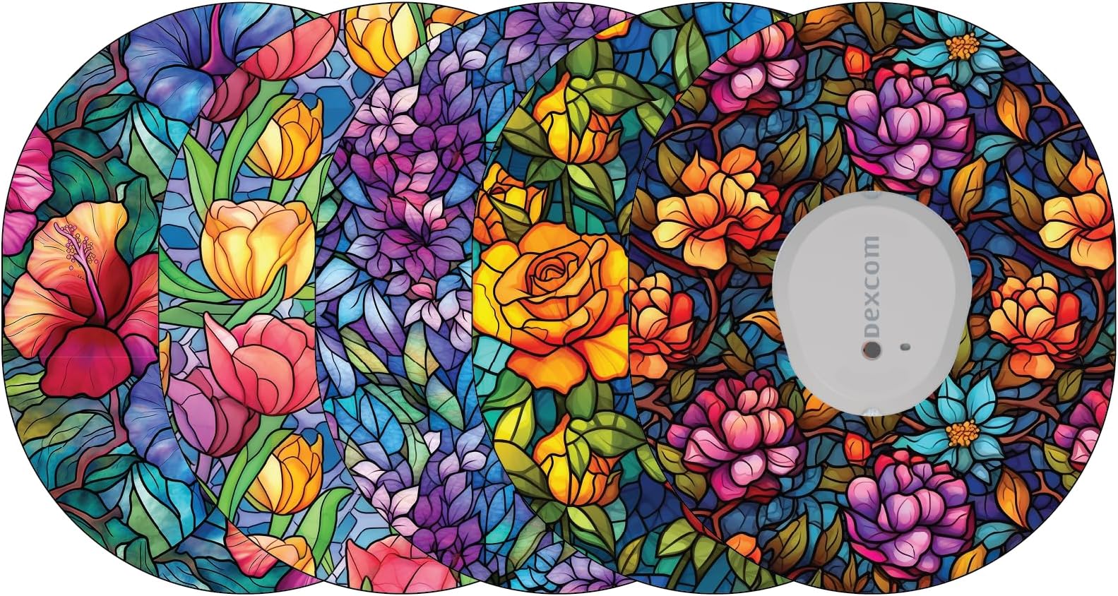 Glucomart Adhesive Patches for Dexcom G7, Stelo & Infusion Sets – 5-Pack Waterproof, Sweatproof CGM Overpatches – Hypoallergenic CGM Patches (Stained Glass Flowers)