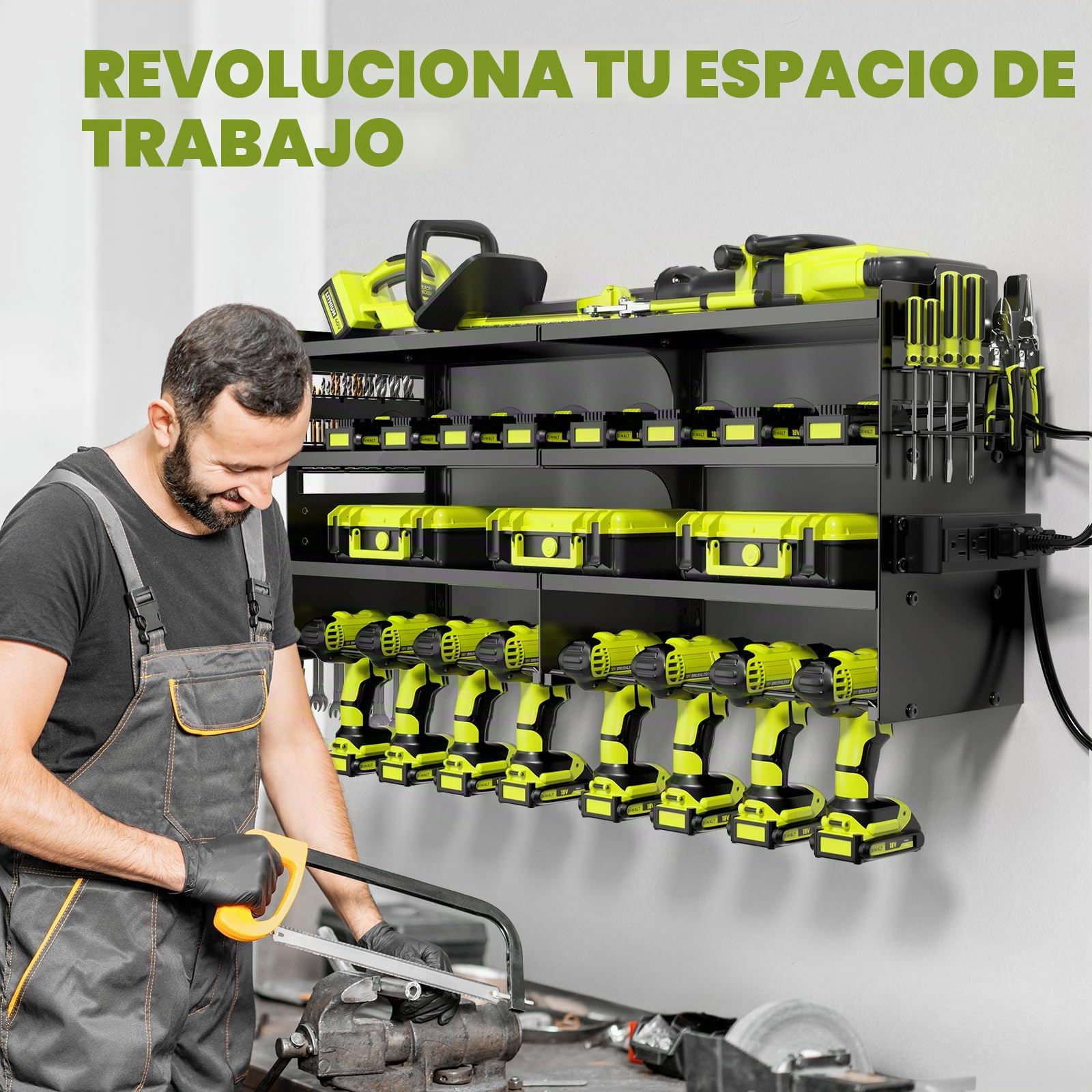 POKIPO Organizador de herramientas eléctricas grande con estación de carga, 4 capas de metal resistente, carga 600 libras con 8 soportes de taladro inalámbricos, carga de estante de batería con 4