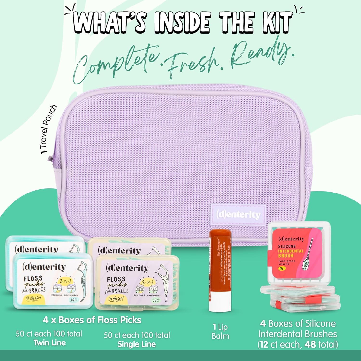 Braces Flossing Kit – 200 Orthodontic Floss Picks & 48 Interdental Brushes, Travel Pouch & Lip Balm – Braces Cleaning Essentials for Teens & Adults - Orthodontic Floss Kit