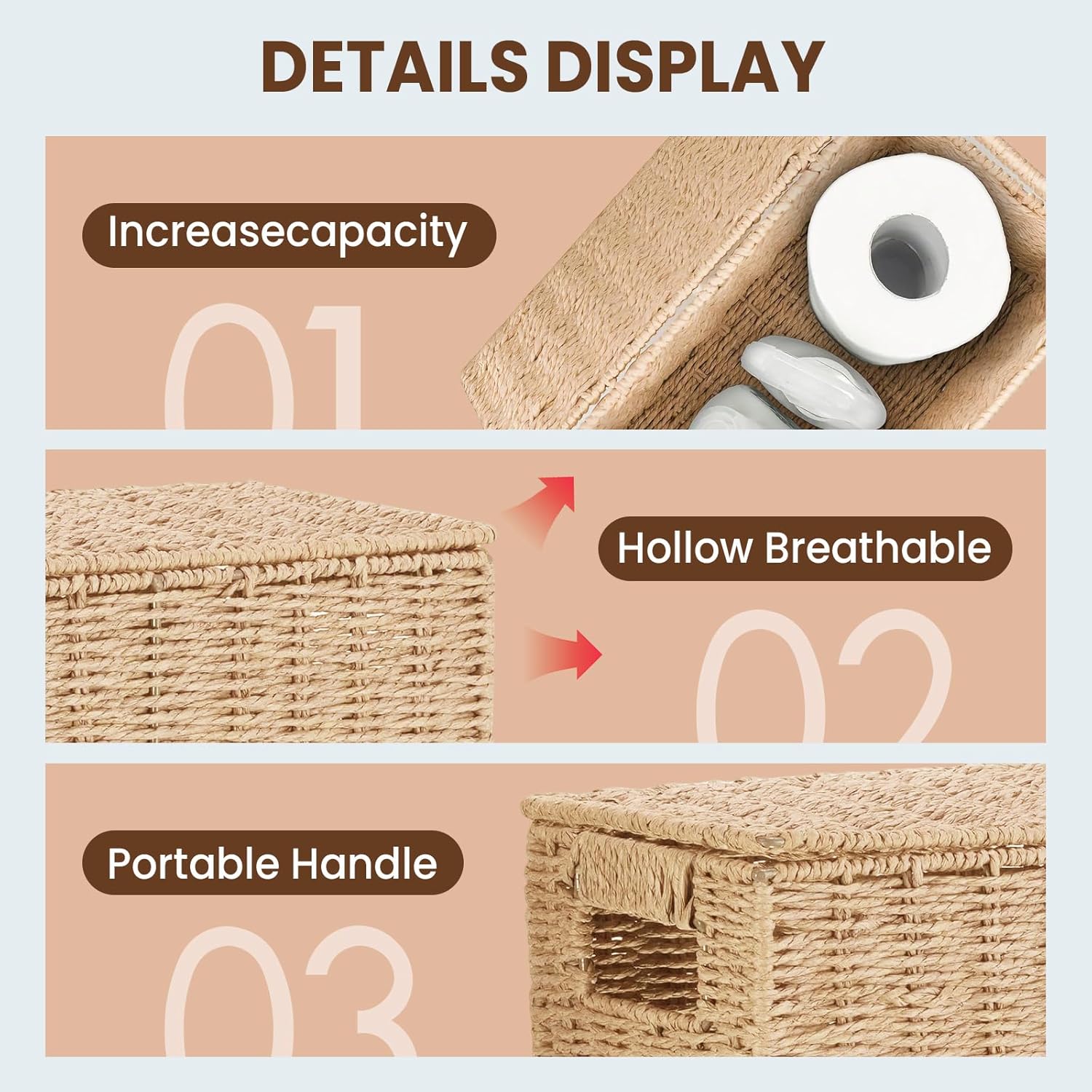 14 Inch Toilet Paper Storage Basket with Lid, 6-Roll Bathroom Organizer, Woven Paper Rope Basket for Narrow Spaces, Multi-Purpose Holder for Towels, Utensils, Picnic & Home Decor