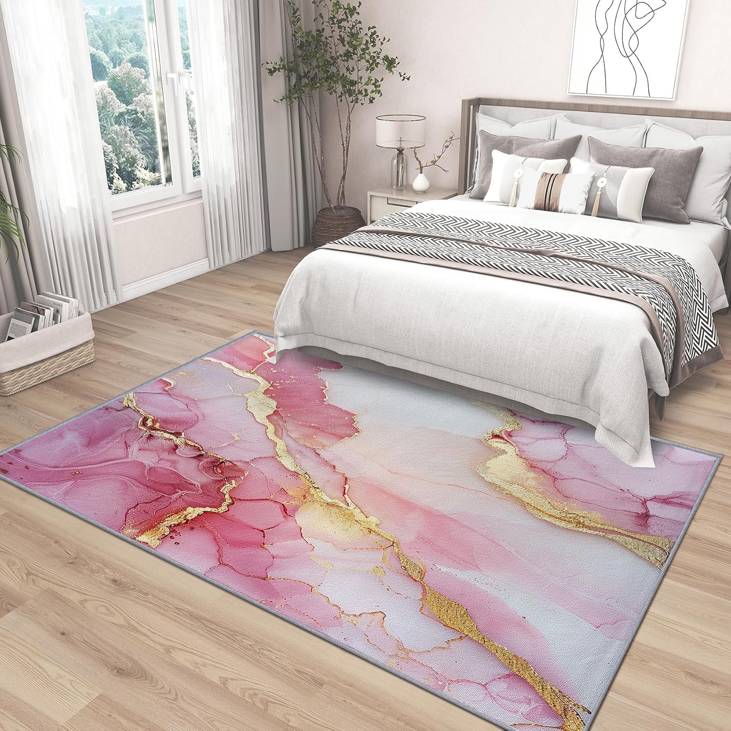Marble Rugs for Living Room - Marble Rug, 5x7 Rug, Abstract Modern Luxury Area Rug, Pink and Gold Carpet, Washable & Non Slip & Soft Large Rugs, Marble Home Decor