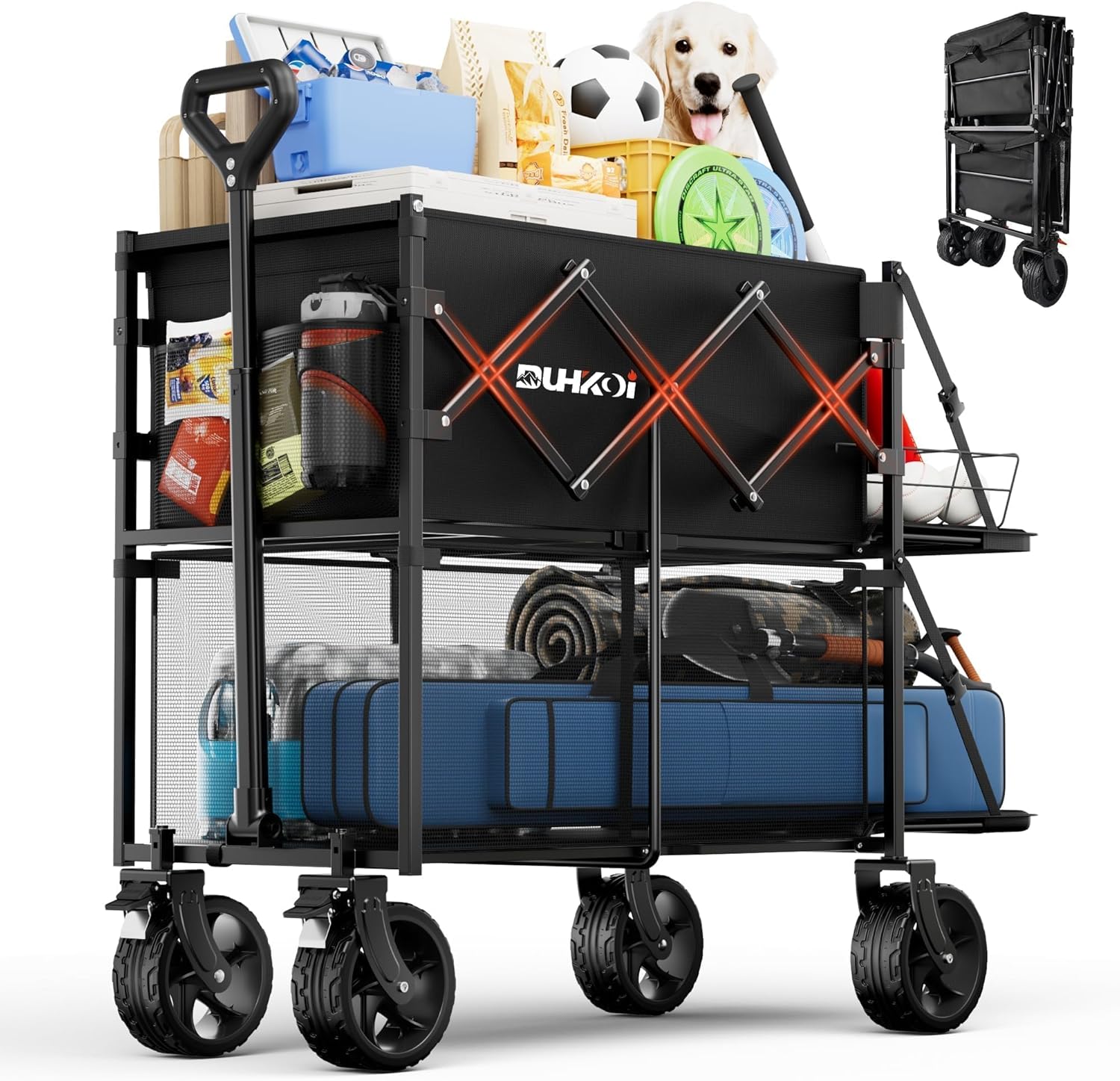double decker wagon 320l large capacity 400lbs collapsible sports utility cart with big wheels,double extended tailgate heavy duty folding wagon cart for groceries,camping,beach,garden,outdoor black