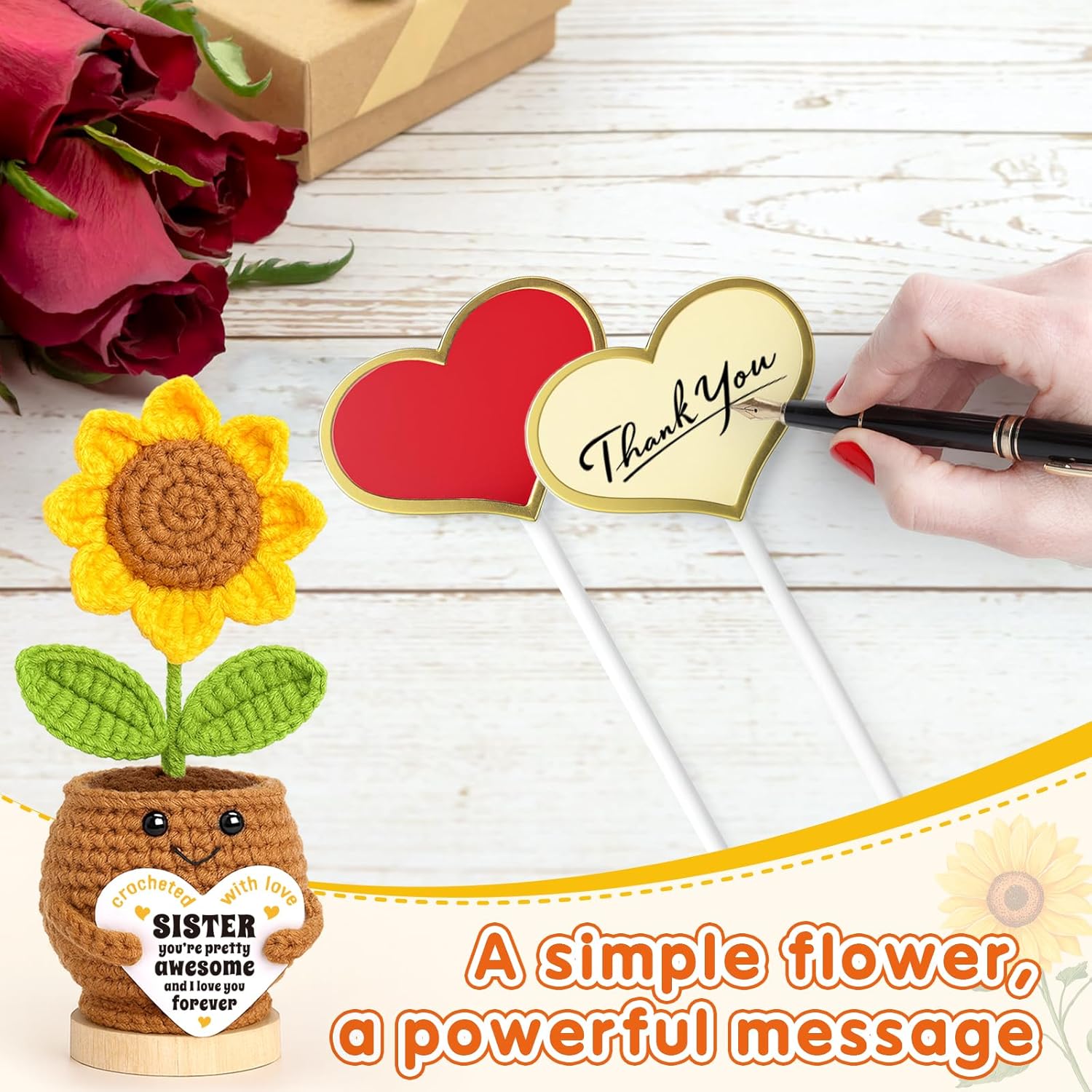 Sister Christmas Birthday Gifts from Sis Brother, Best Sister Ever Gift for Women, Xmas Stocking Stuffer Wedding Gifts for Big Little Sisters in Law, Positive Crochet Sunflower - Image 4