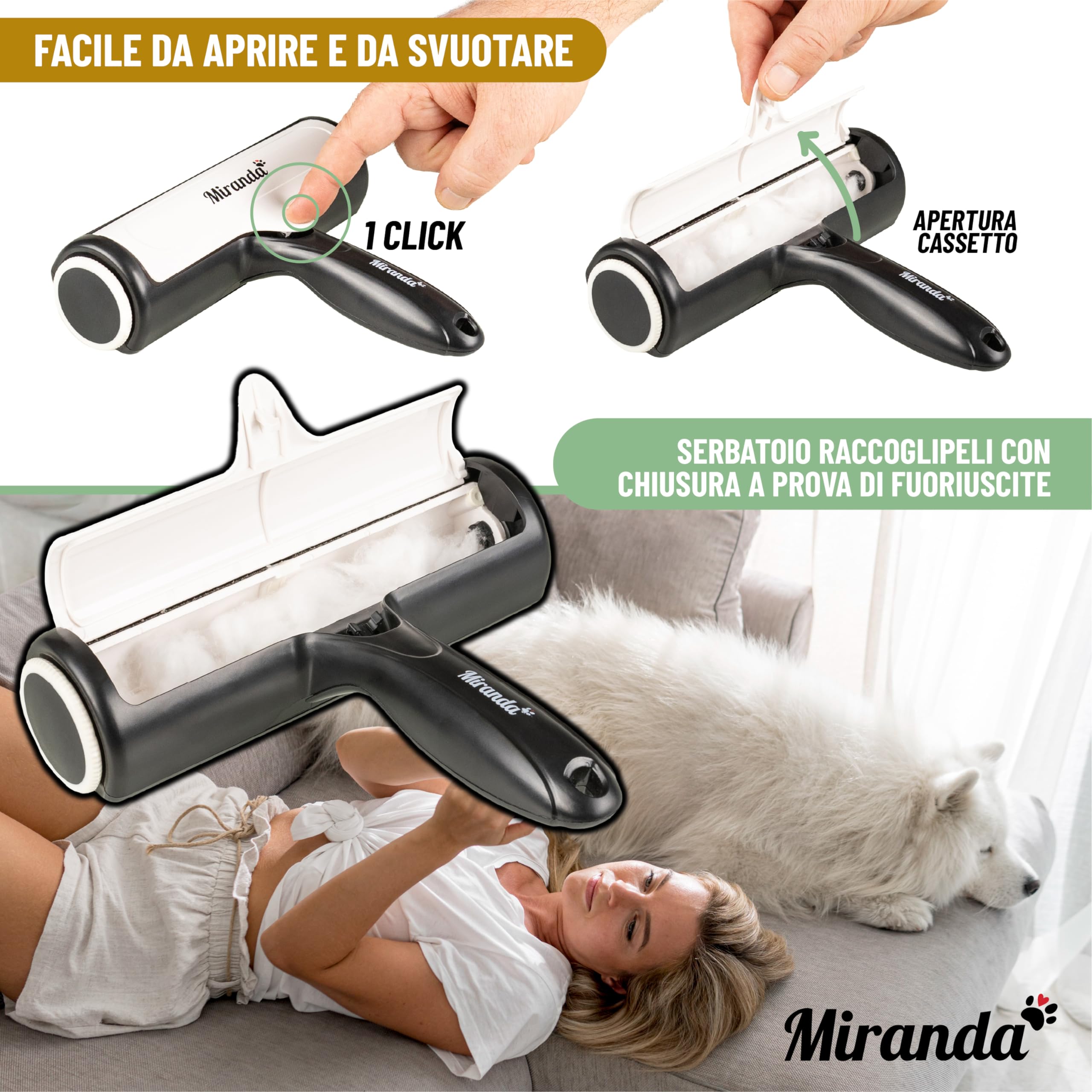 Spazzola TogliPeli Animali Vestiti - Rullo Leva Pelucchi Cani e Gatti con Nuovo Design Anti Segni sui Tessuti e Manico Antiscivolo