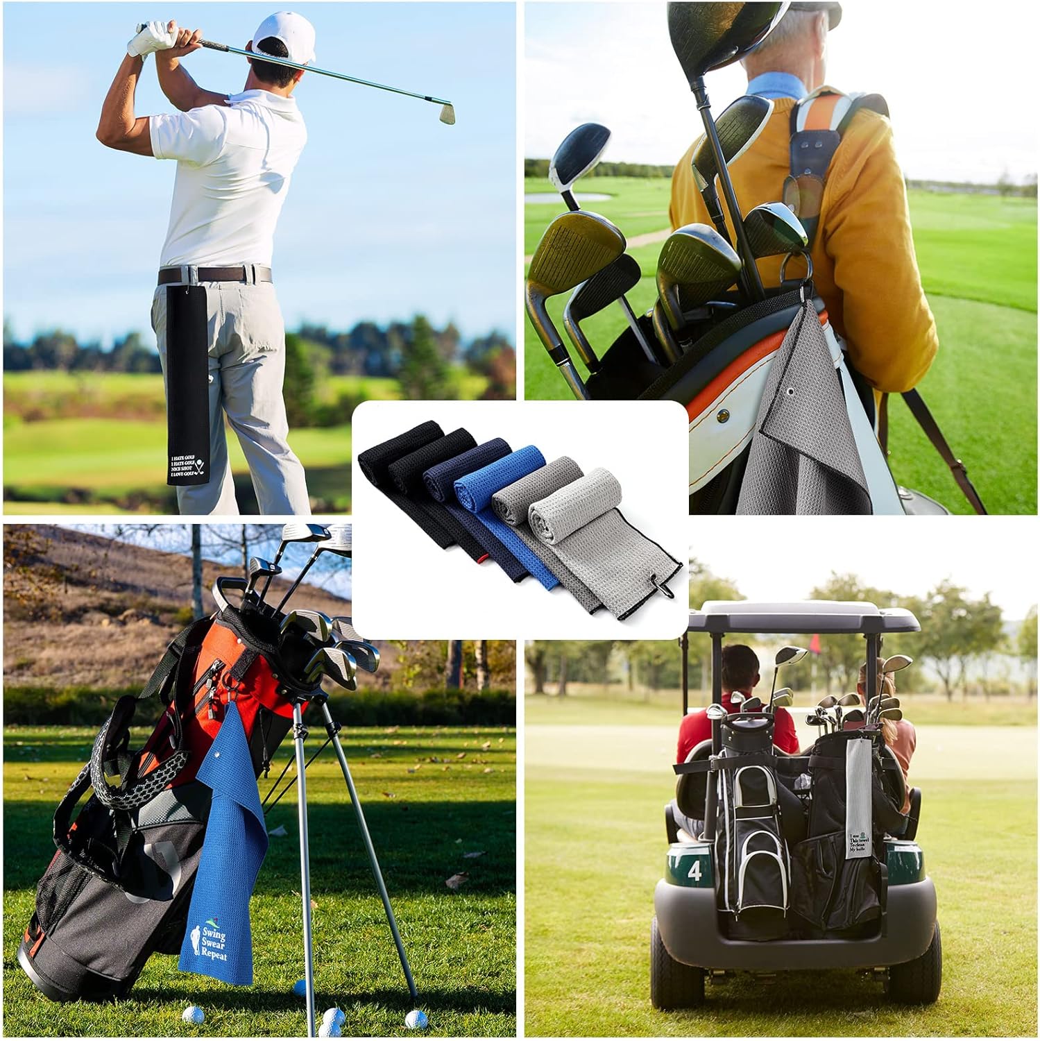Moukeren 6 Pcs Fathers Day Gift Funny Golf Towel 16 x 24 Microfiber Embroidered Ball Towel Swing Swear Repeat Waffle Pattern for Golf Bags with Clip Accessories for Fan Gift Retirement Present(Men) - Image 5