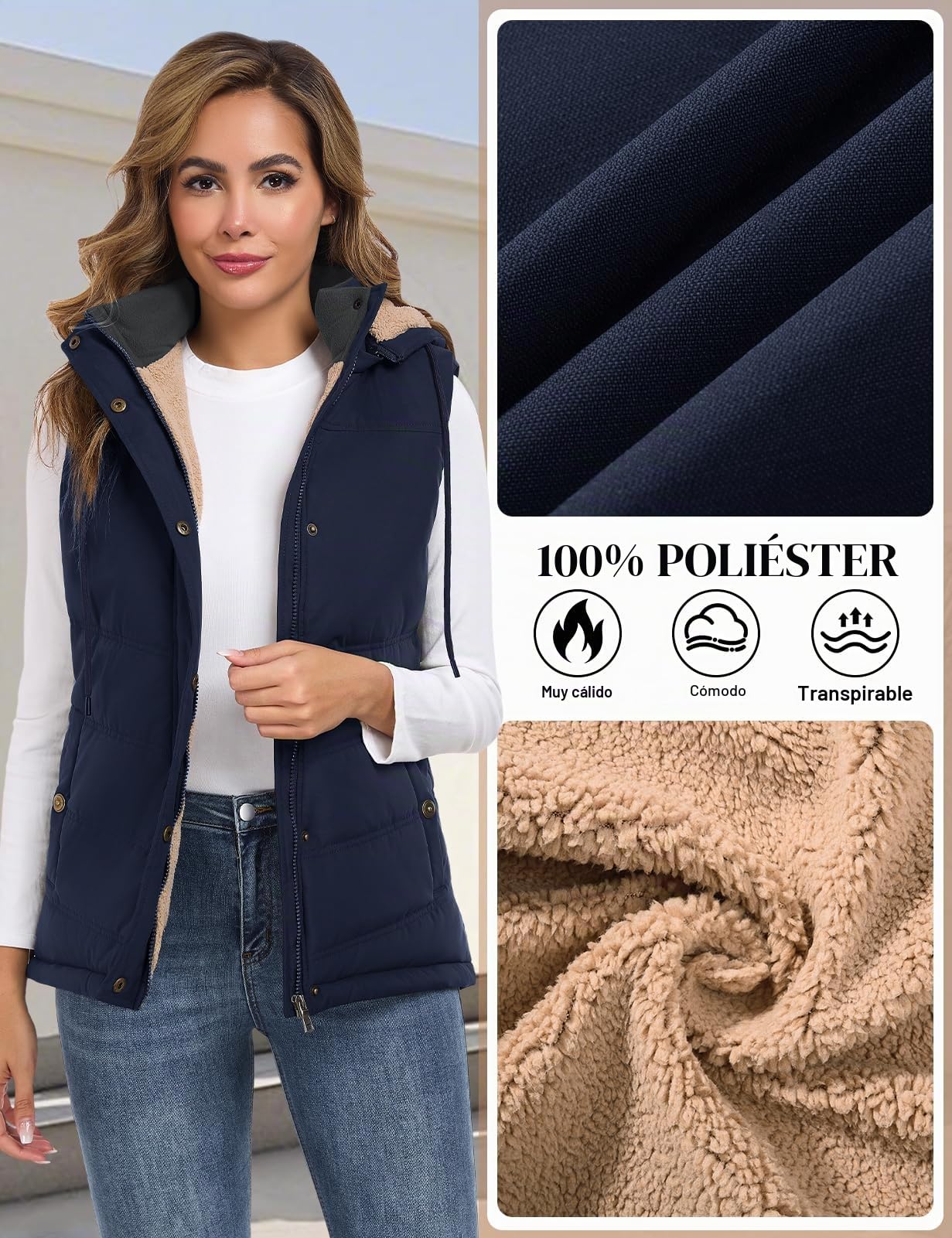 Tuopuda Chaleco Mujer Polar Chaleco Acolchado Invierno Termico Chaquetas sin Mangas con Capucha Desmontable Chalecos Exteriores con Bolsillos Outwear con Cremallera