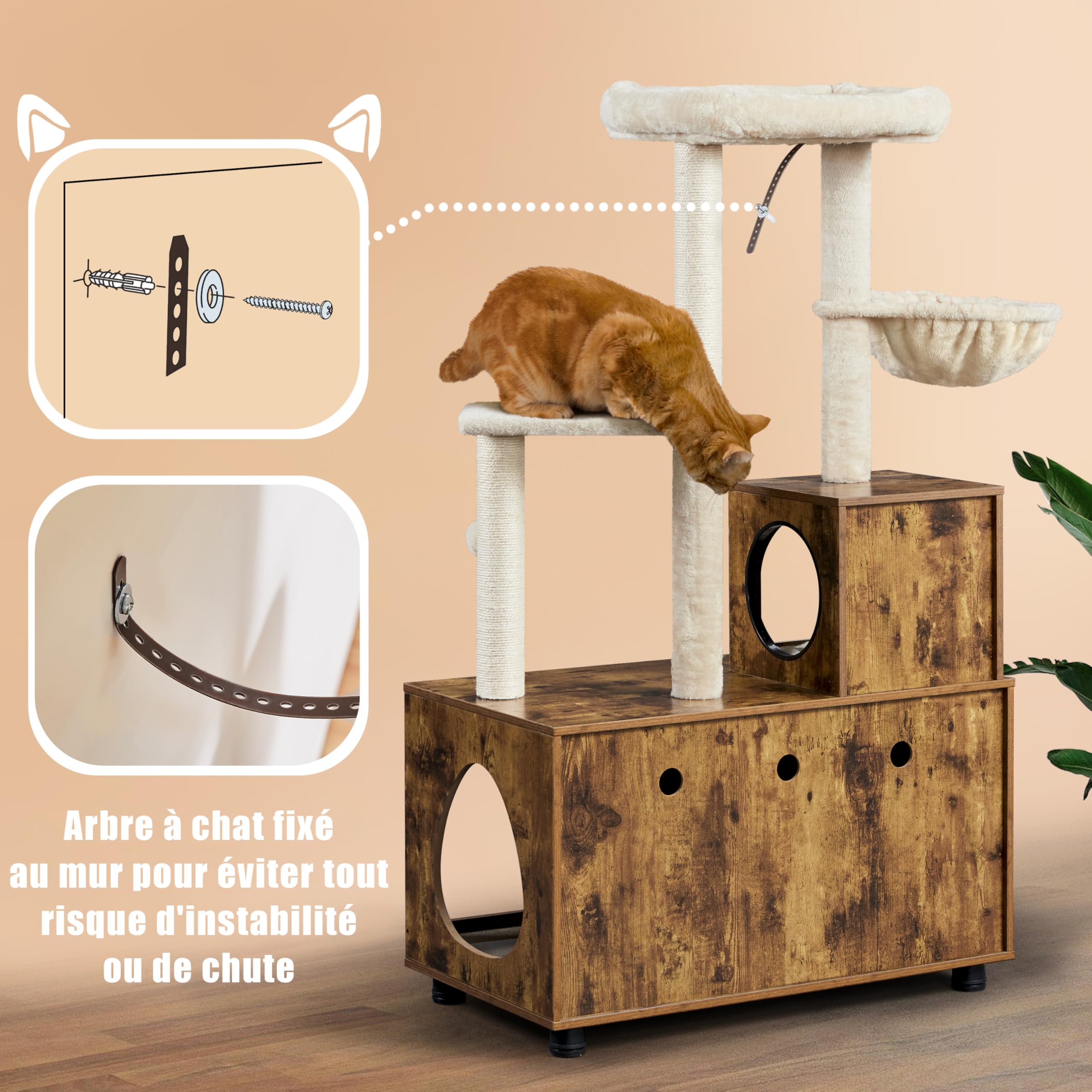 Yaheetech Maison d'intérieur Tout-en-Un avec griffoir, Meuble de litière en Bois pour Chat avec Niche pour Chat, Plate-Forme, Marron Rustique/Beige