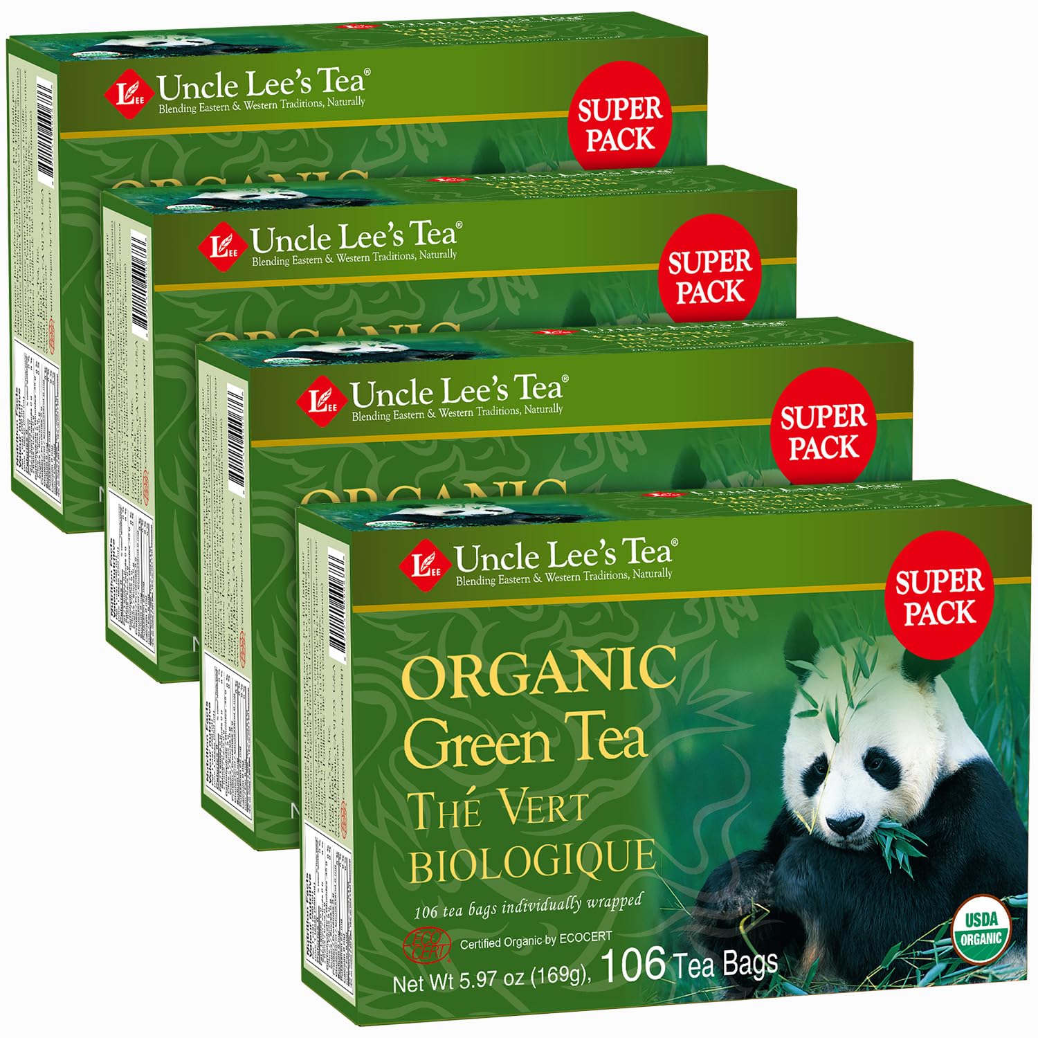 Uncle Lee's Tea Organic Green , 100% Natural Premium Green Bags (Pack of 4 - 100 Bags per Box)
