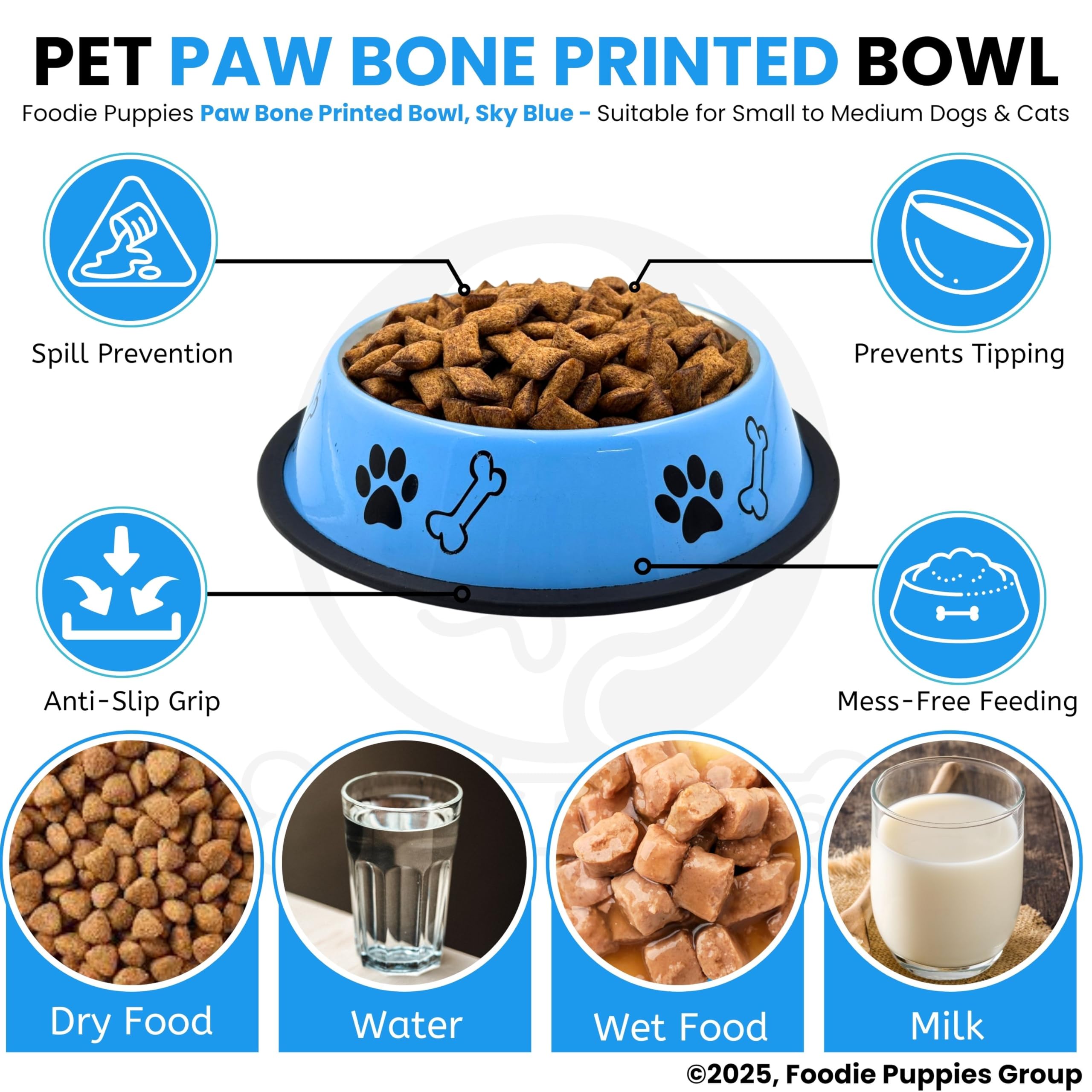 Foodie Puppies Stainless Steel Paw Bone Printed Bowl for Dogs, Cats & Any Pets - 700ml, Medium (Sky Blue) I Non-Skid Rubber Bottom Food/Water Bowl I Non-Toxic & 100% Safe for Pets 4