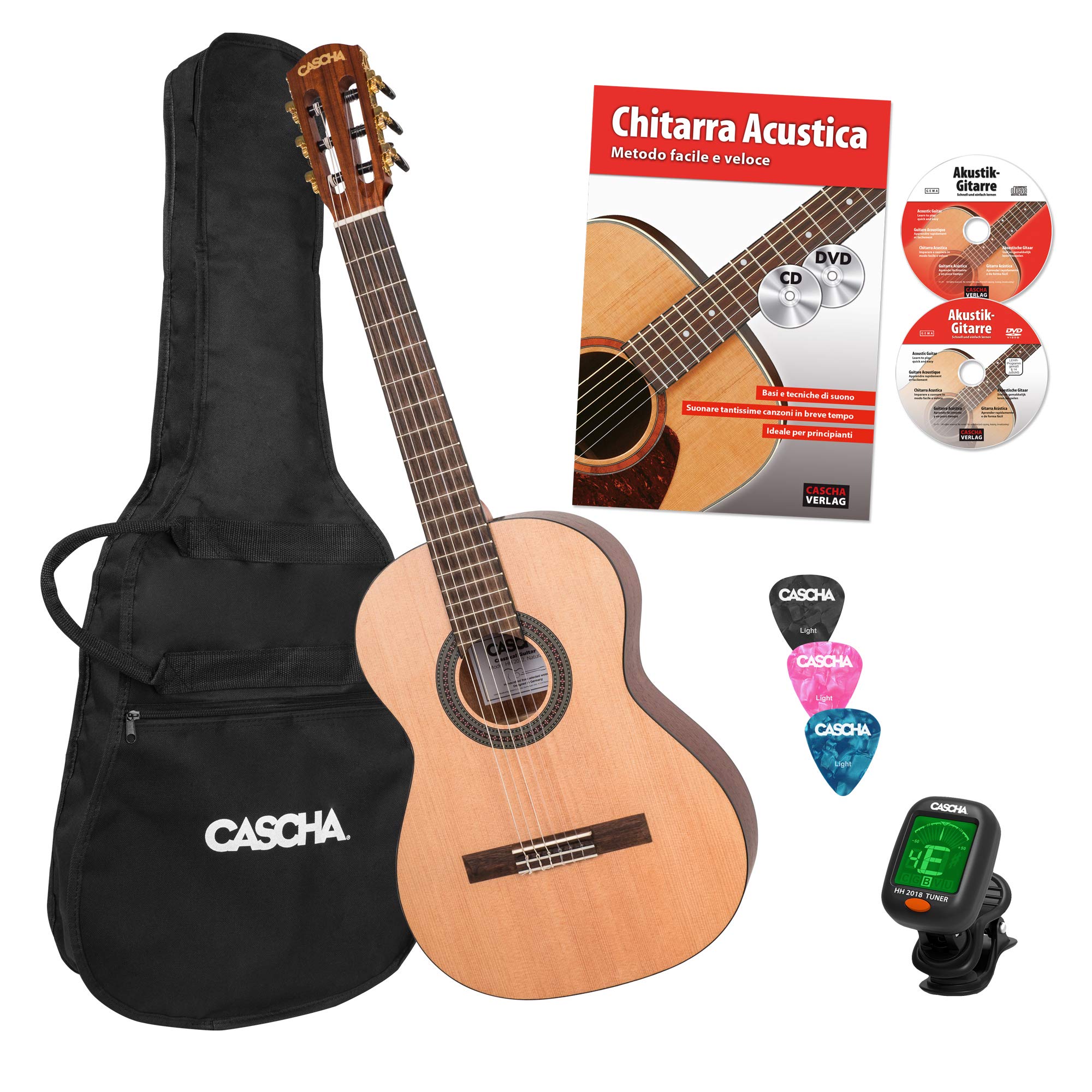 3/4 gitara klasyczna dla początkujących, w tym podręcznik, tuner, torba/torba, 3 kostki