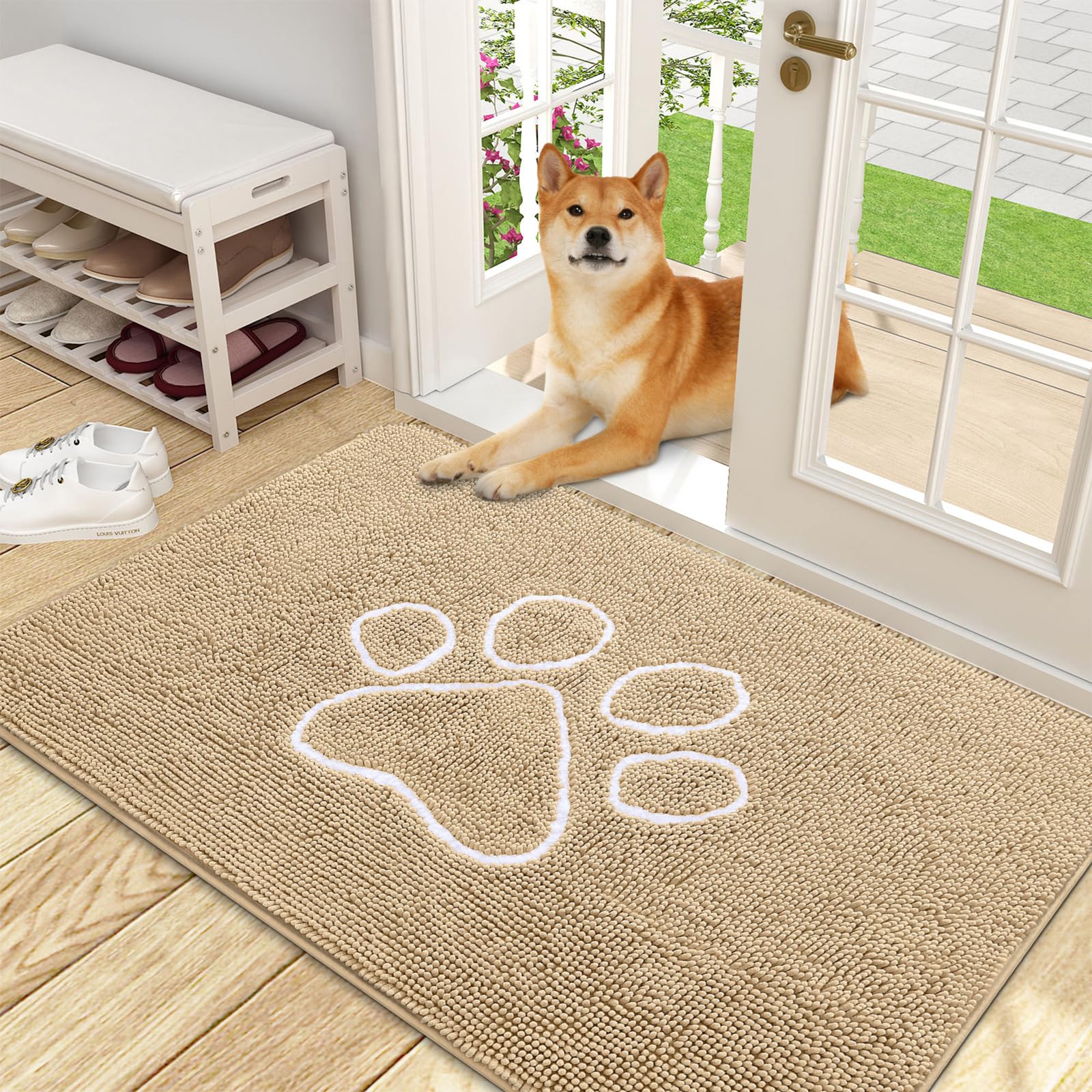 OLANLY Door Mat for Muddy Dog Paws 48x30, Ultra Absorbent Chenille Mud Doormat with Paw Print Design, Non-Slip Washable Doormat for Indoor Entryway, Quick-Dry Pet Bed Mats for Dirty Dogs, Beige