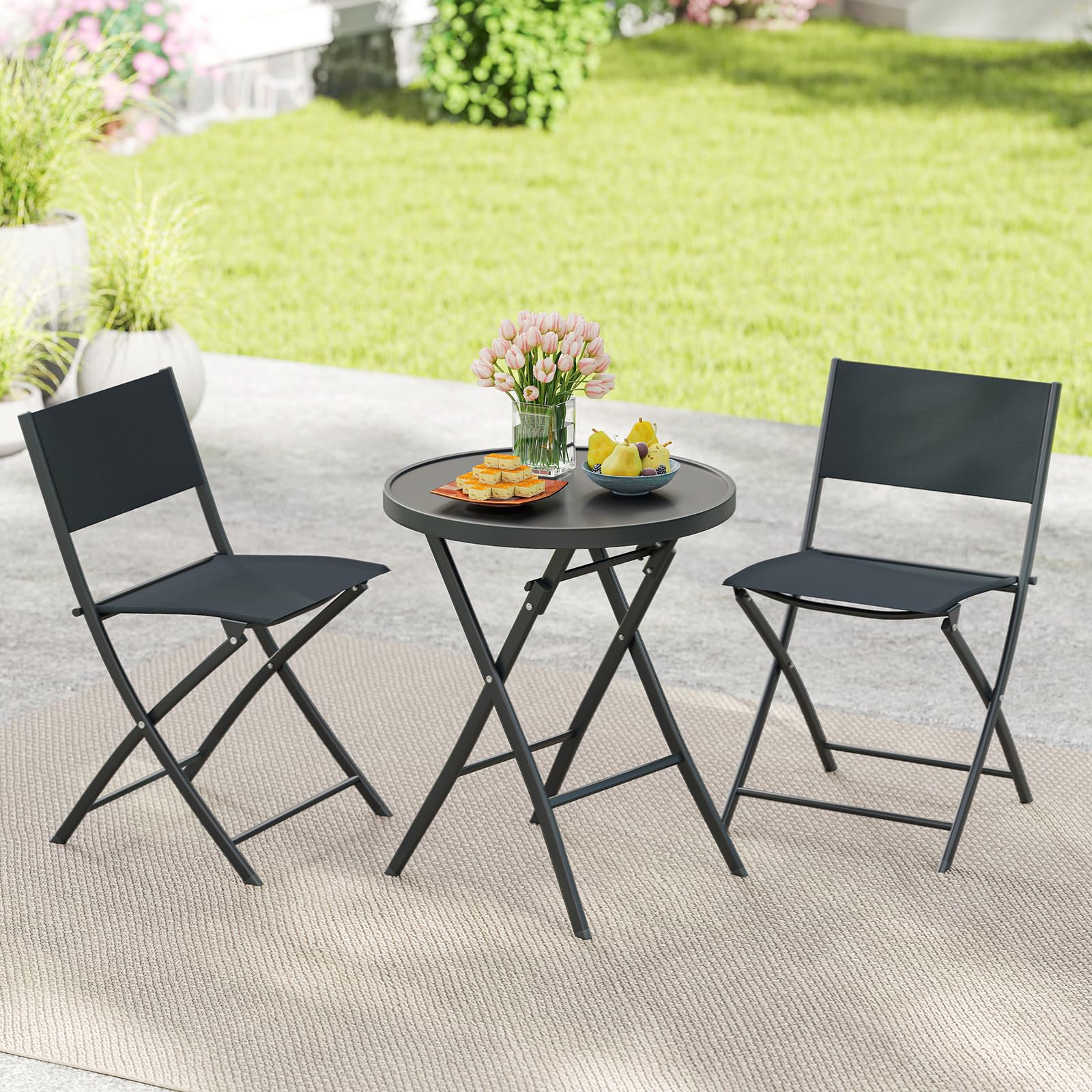 GIANTEX Ensemble Salon de Jardin 3 Pièces Table Ronde Pliante Verre Trempé 2 Chaise Pliantes Tissu Respirant Noir