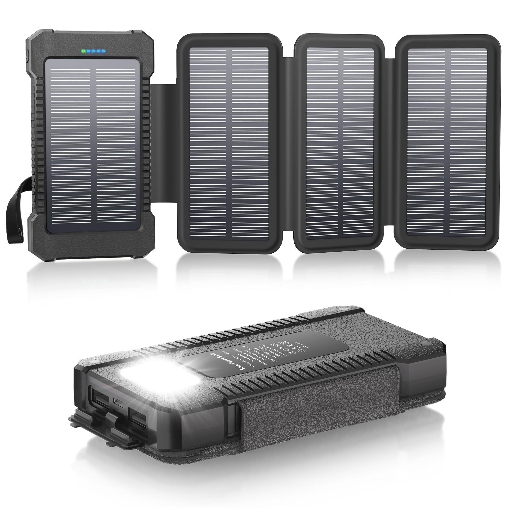 Chargeur Solaire 26800 mAh avec 4 Panneaux Solaires, Batterie Externe Solaire étanche avec Charge Rapide USB-C 18W pour Téléphones Portables, Tablettes, Ordinateurs (Noir)