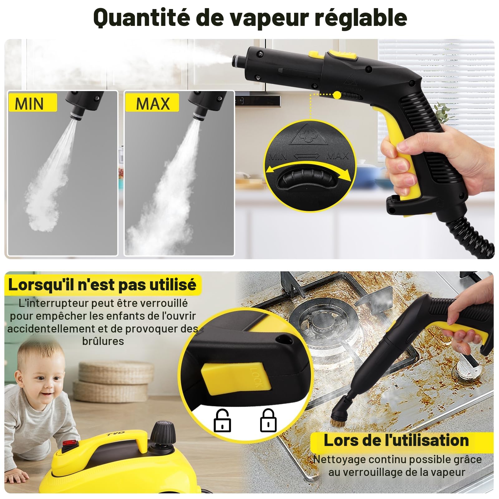 TVD Nettoyeur vapeur pour meubles rembourrés avec câble d'alimentation extra long de 5 m pour vapeur, four, tapis, canapé, coussin, punaises de lit
