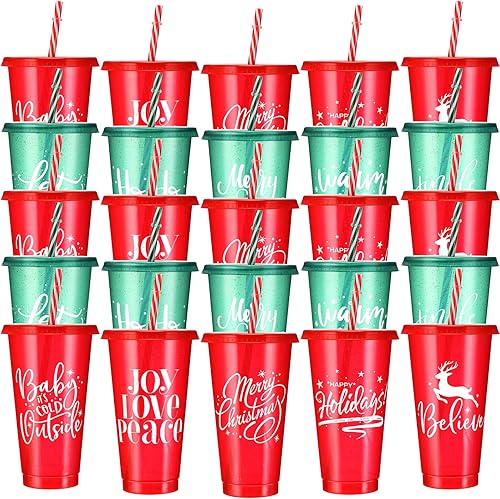 Miniatura 1 de Tioncy 50 vasos de plástico de Navidad con tapas y popote a granel, vasos de plástico de Navidad reutilizables de 25 onzas, tazas de Navidad para