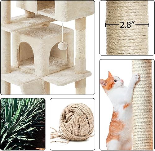 Vista 63 de Yaheetech Árbol para gatos de varios niveles de 70 pulgadas, torre alta para gatos con condominio, postes rascadores y bola colgante para gatos