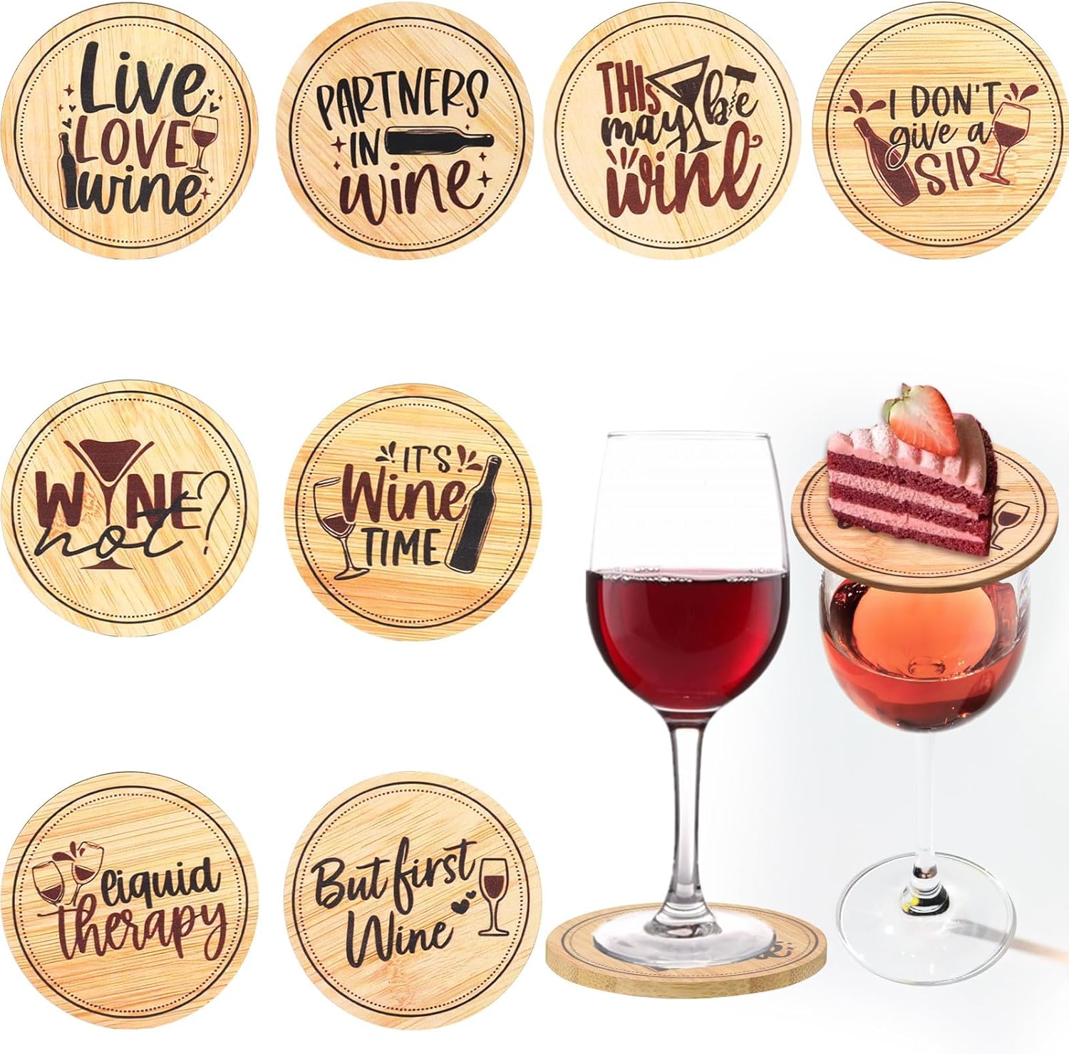 8 Pcs Wine Glass Covers coasters Funny Wood Drinking Glass Covers to Keep Bugs out Bamboo Water cup Toppers Keeps Debris out for Party Wine Party holiday Accessories Housewarming Gifts