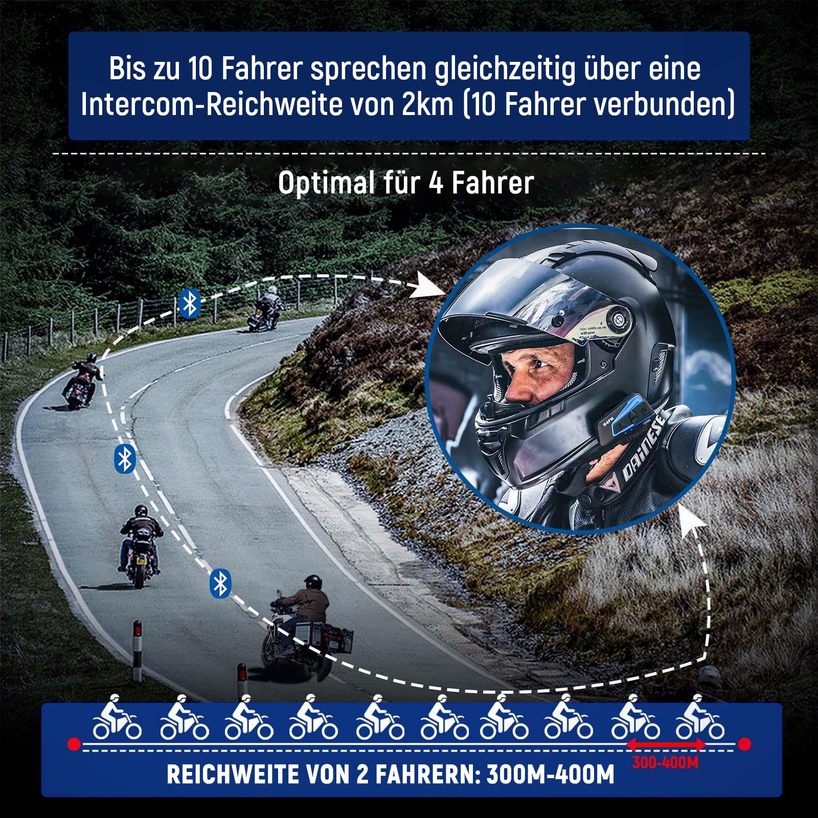 LEXIN B4FM Motorrad Intercom, Helm Headset für bis zu 10 Motorräder mit 2000m Reichweite, DSP und CVC Geräuschunterdrückung Motorradhelm Kommunikationssystem mit Musikteilen Funktion