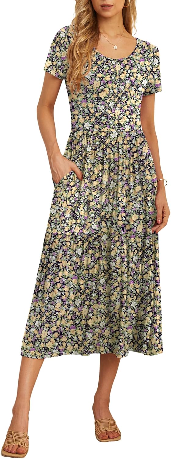 GRECERELLE Women's Summer Casual Short Sleeve Crewneck Tiered Flowy Maxi Long Dress with Pockets (S-2XL)