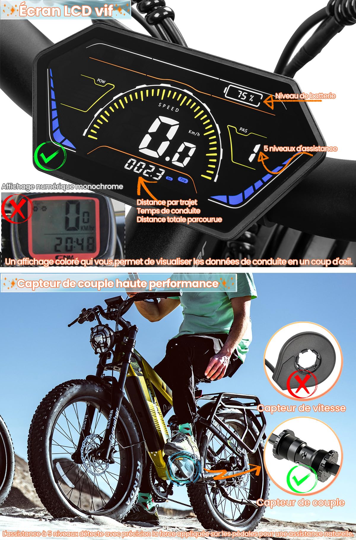 Vélo Électrique en Aluminium Ranger 26Pouces, 250W 25 km/h 52V 20Ah 1040Wh 128 km, Amortisseur à air, Freins à Disque Hydrauliques