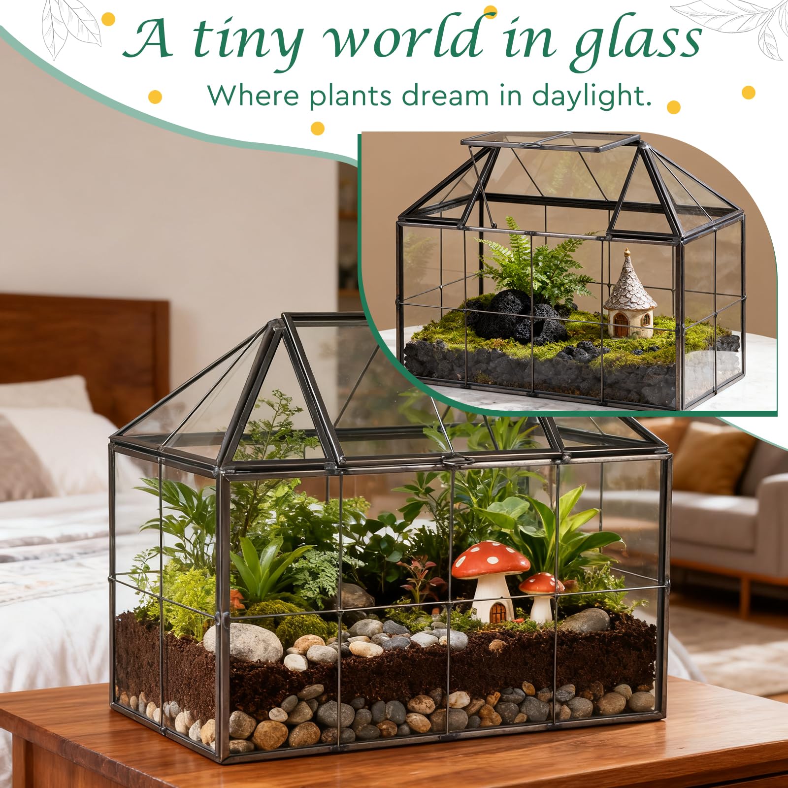 EFUTURETIME Mini Jardinière Terrarium Plante 23,3 x 13,6 x 18 cm, Miniature Serre Interieur Forme de Maison Idéal pour Succulentes Cactus et DIY (sans Plantes)