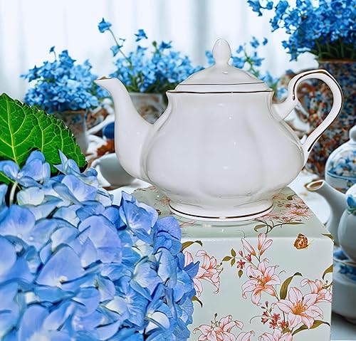 Miniatura 7 de GOMMO Tetera fina de porcelana de hueso real, 30 onzas para la tetera de cerámica Elegant Life (blanco-dorado)