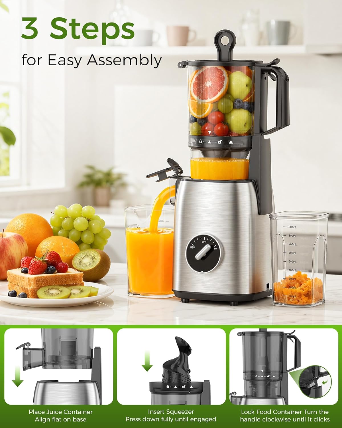 COWSAR Cold Press Juicer, Juicer Machines 5.4" Wide Feed Chute Slow Masticating Juice Maker, High Juice Yield, Stainless Steel Juice Extractor for Whole Fruits & Vegetables