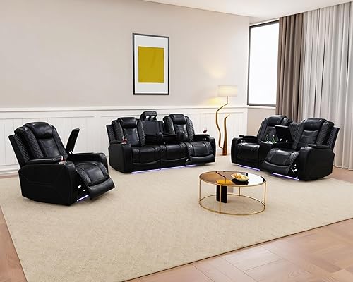 Leather Power Recliner Sofa Set with LED, Living Room Furniture Set, Leather Sofa Set with USB Port Storage Console Cup Holder for Office Living