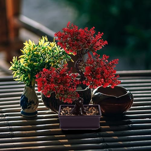Miniatura 4 de HOMSFOU Plantas artificiales en maceta para decoración del hogar, árbol bonsái sintético rojo, pequeñas plantas falsas para decoración de cocina,