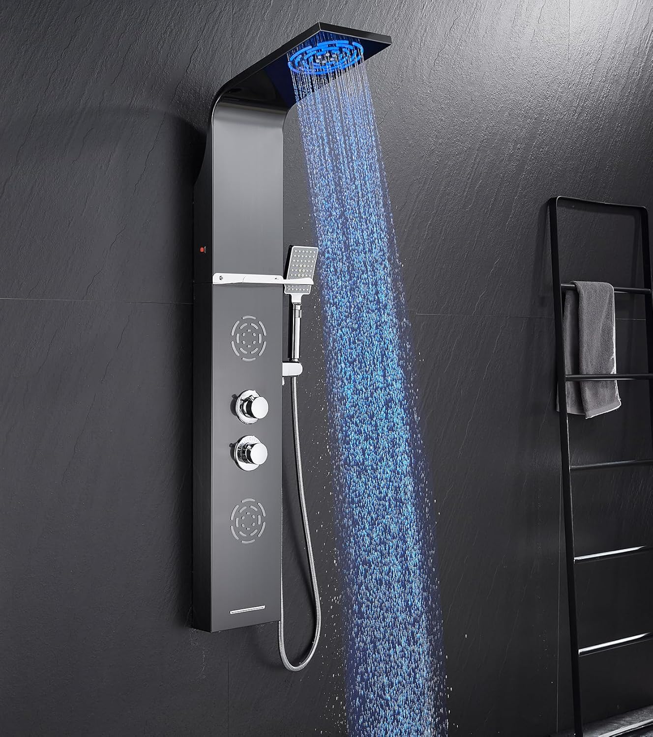 POPFLY LED Shower Panel Tower System with Shelf, MIST & Rainfall Shower Head and Rain Massage System with 2 Body Jets, Tub Spout, Handheld Shower with 59" Hose, 304 Stainless Steel, Matte Black