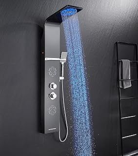 POPFLY LED Shower Panel Tower System with Shelf, MIST & Rainfall Shower Head and Rain Massage System with 2 Body Jets, Tub Spout, Handheld Shower with 59" Hose, 304 Stainless Steel, Matte Black