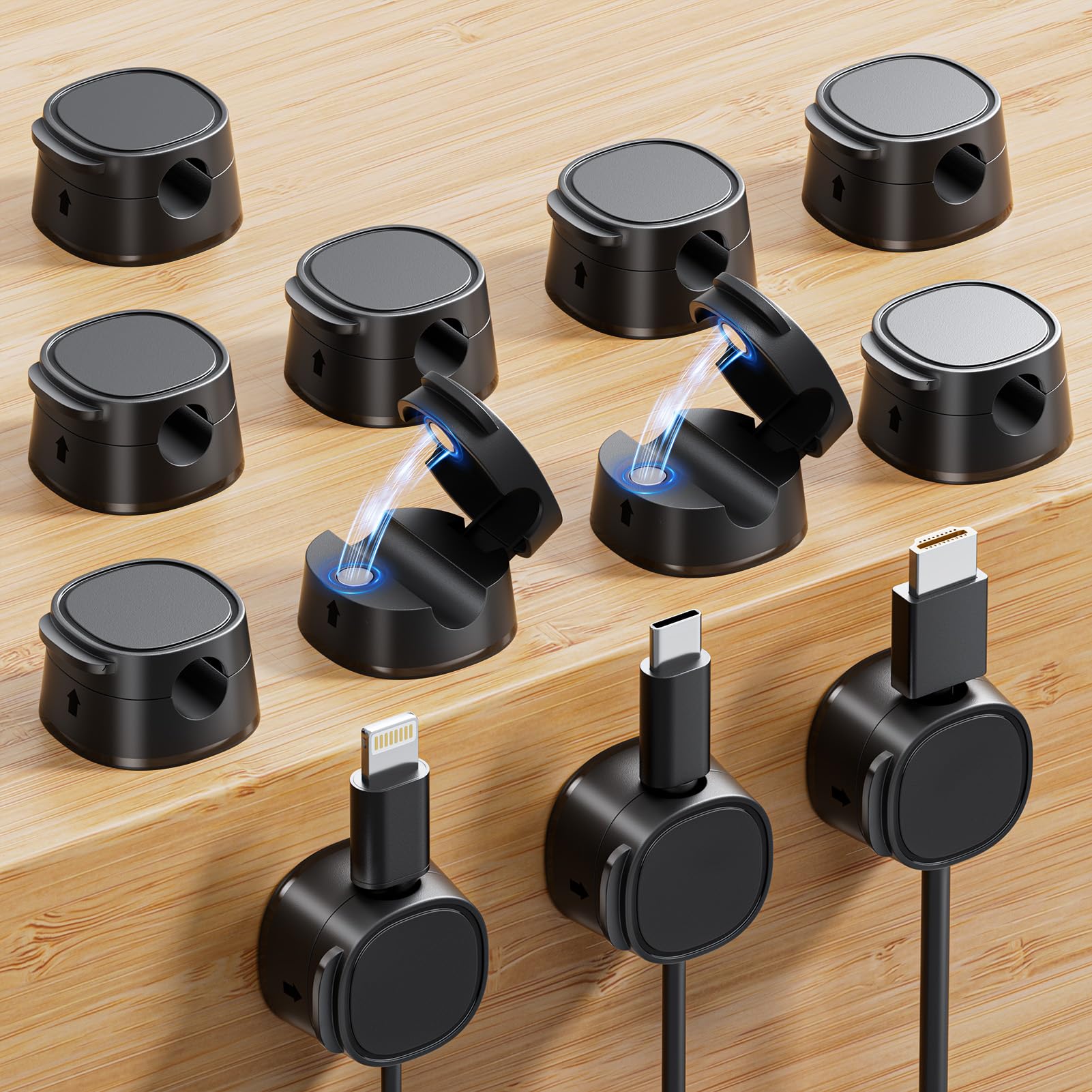 gliship 12 Pack Magnetic Cable Clips – [One-Snap Lock] Phone Cord Holder for Desk, Adhesive Magnetic Cord Organiser for Nightstand, Wall, Car – Under Desk Cable Management for Office, Home