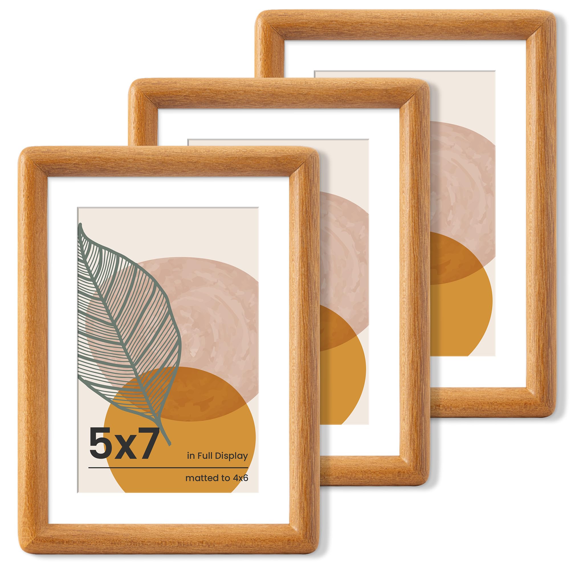 Axeman 5x7 Picture Frame Set of 3 - Solid Teak Wood Frame With Mat for 4x6 - Rounded Corner 5 x 7 Picture Frame with Tempered Glass for Tabletop Display
