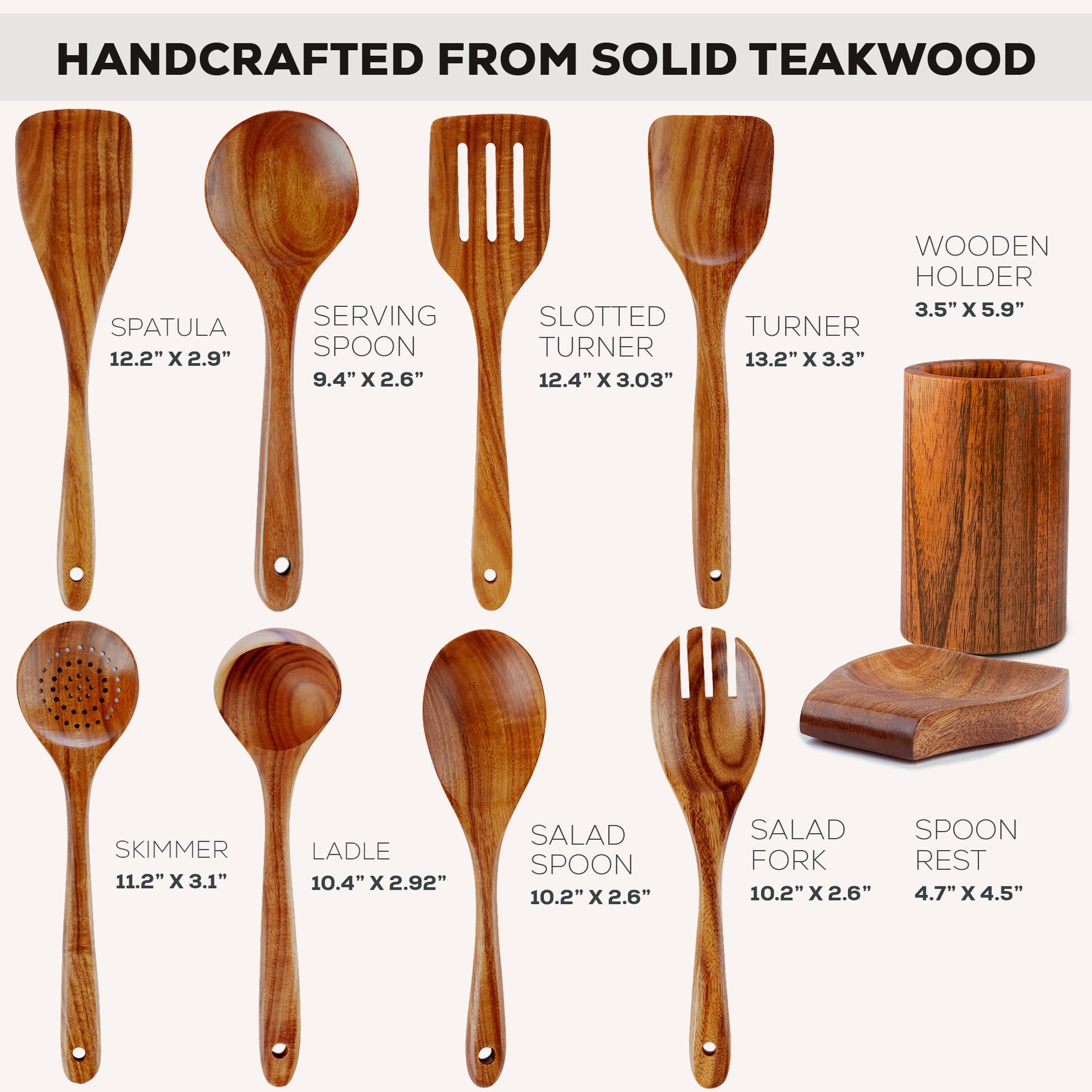 Zulay Kitchen 10 cucchiai in legno per cucinare, con finitura liscia, utensili in legno di teak per cucinare, morbidi e confortevoli, utensili da cucina in legno antiaderenti, set di cucchiai in legno