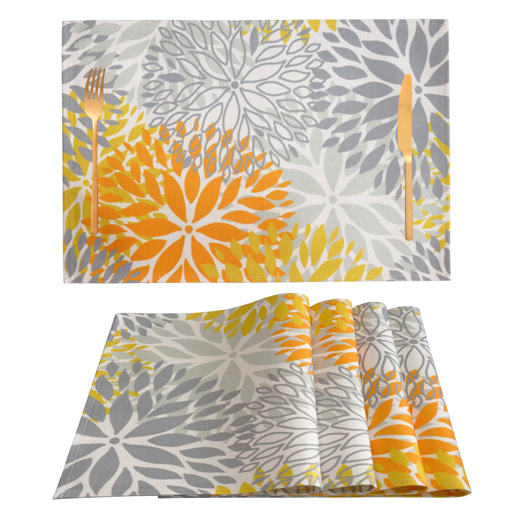Table Placemats Set of 4 Floral Place Mats Linen Wipeable Heat Resistant Placemats Washable Placemats Fabric Rectangle Table Mat for Kitchen Dining Dinner 18 X 12 Inch, Orange Yellow