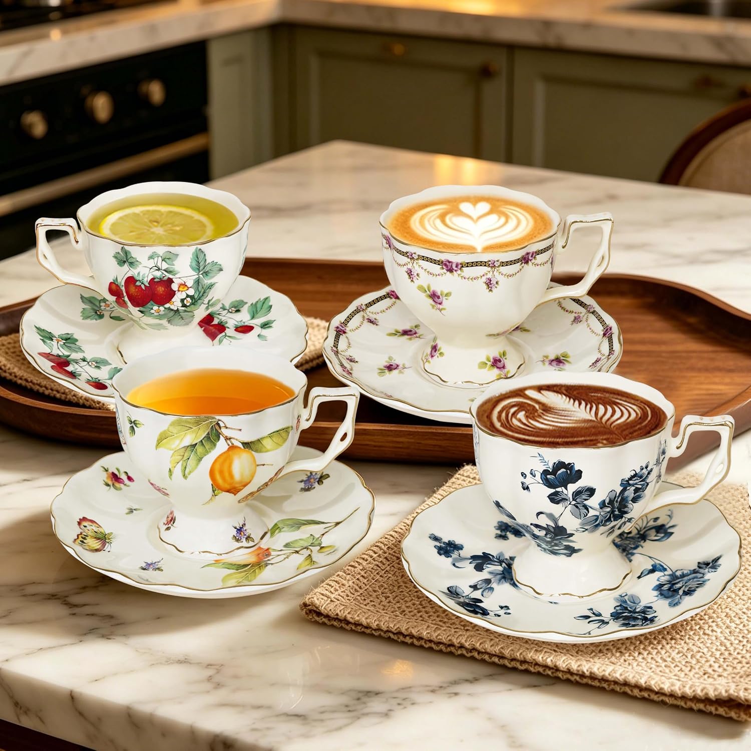 Tea Cups and Saucers Set,Porcelain Coffee Mugs,8.4 OZ Vintage Coffee Cups,Gold Trim-Espresso Cups Set for Coffee,Latte,Tea and Cappuccino(Lemon)