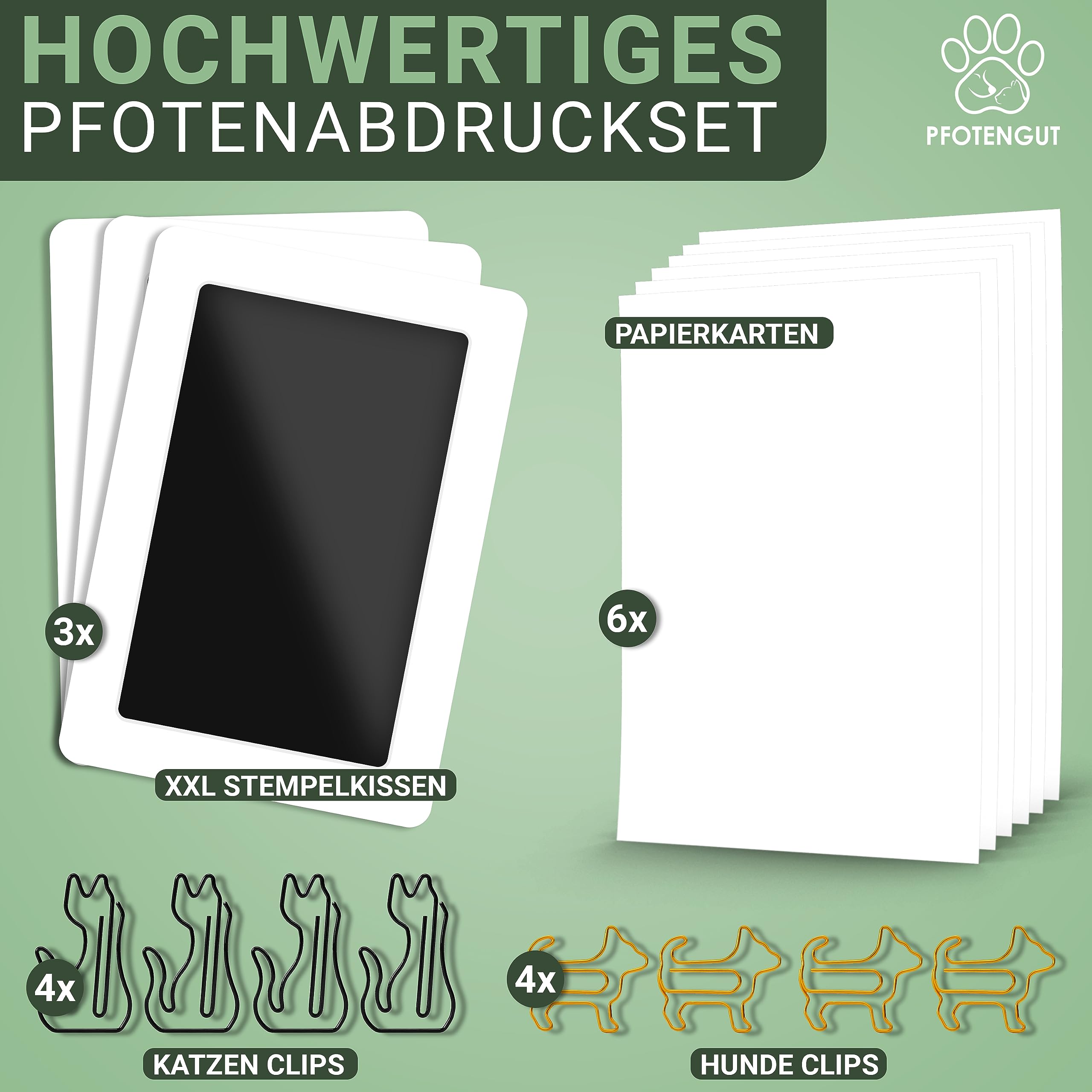 XXL Pfotenabdruck Set inkl. 3 Stempelkissen und 6 Druckkarten - Hochwertiges Pfotenabdruck Set für Hund & Katze - Hundepfoten Abdruck als Geschenk und Erinnerung