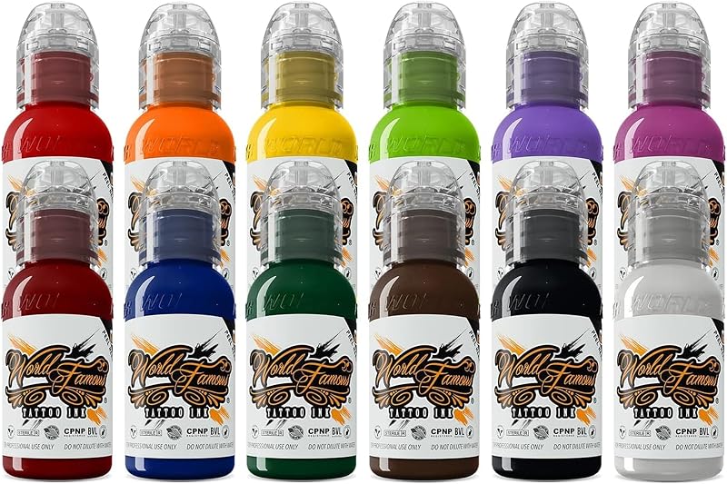 Kit de Tintas para Tatuagem WORLD FAMOUS TATTOO INK com 12 Cores Primárias, 30 mL Cada