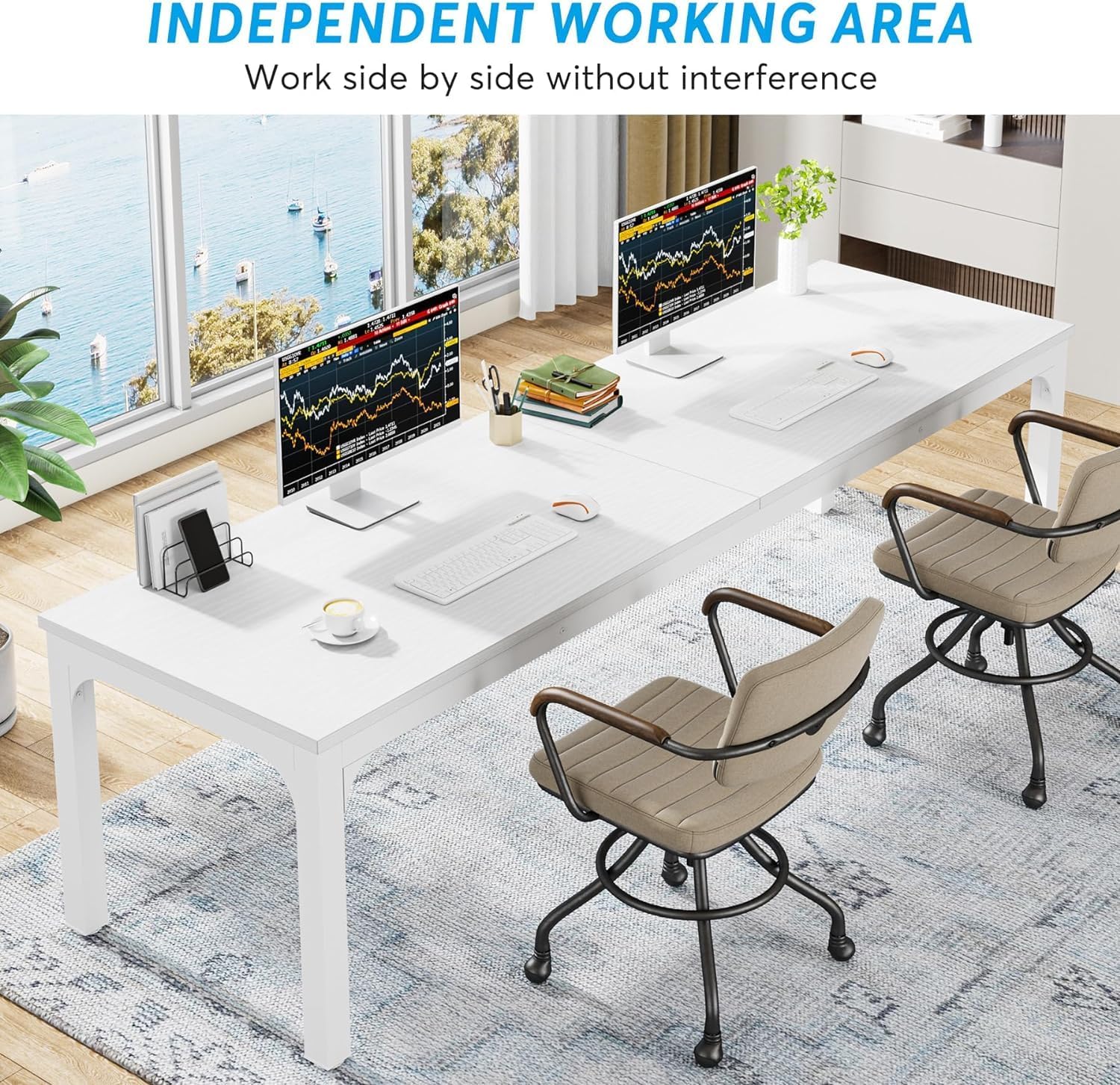 രണ്ട് ഉപയോക്താക്കൾക്കായി സജ്ജീകരിച്ച ട്രൈബ്സൈൻസ് കമ്പ്യൂട്ടർ ഡെസ്ക്, സ്വതന്ത്ര പ്രവർത്തന മേഖലകൾ പ്രദർശിപ്പിച്ചുകൊണ്ട്.