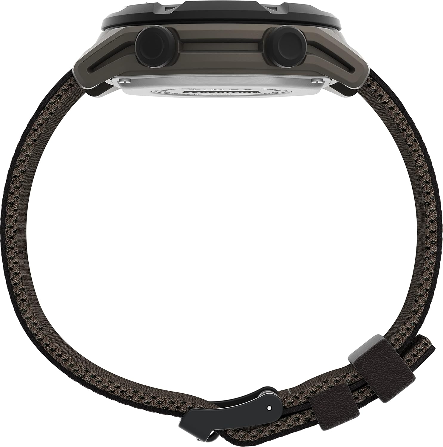 Samping view of the Timex Expedition Trailblazer+ watch with brown fabric/leather strap