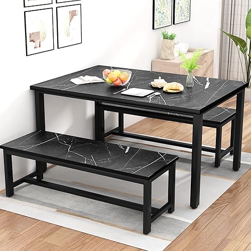 Recaceik 3 Piece Dining Table Set for 4, 47.2'' Kitchen Table Set with 2 Benches, Space Saving Dinette with Chairs Metal Frame & MDF Board Dining Room Table for Kitchen, Breakfast Nook, Black Marble