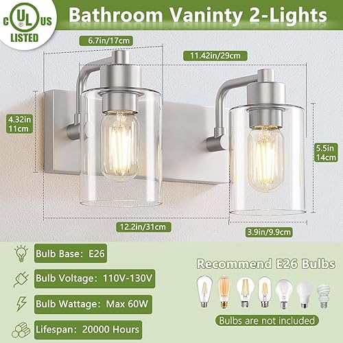 Miniatura 2 de Lámparas de baño de níquel cepillado, luces de baño de 2 luces montadas en la pared sobre espejo con pantalla de vidrio transparente, apliques de