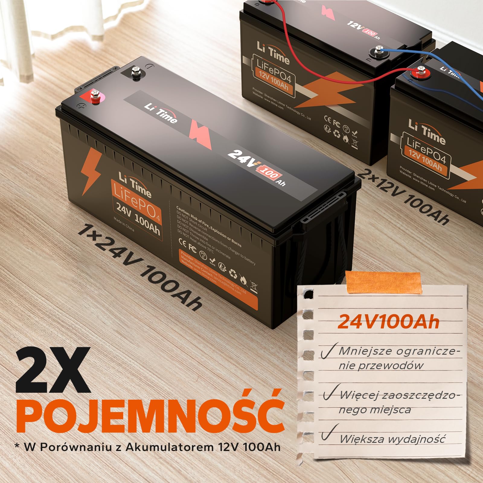 LiTime Bateria litowa LiFePO4 24V 100Ah, Akumulator LiFEPO4 Wbudowany 100A BMS, 4000+ Cykli, 10 Lat Żywotności, Bateria Lifepo4 24V Odpowiednia Do Przyczep Kempingowych, Solarnych, Morskich