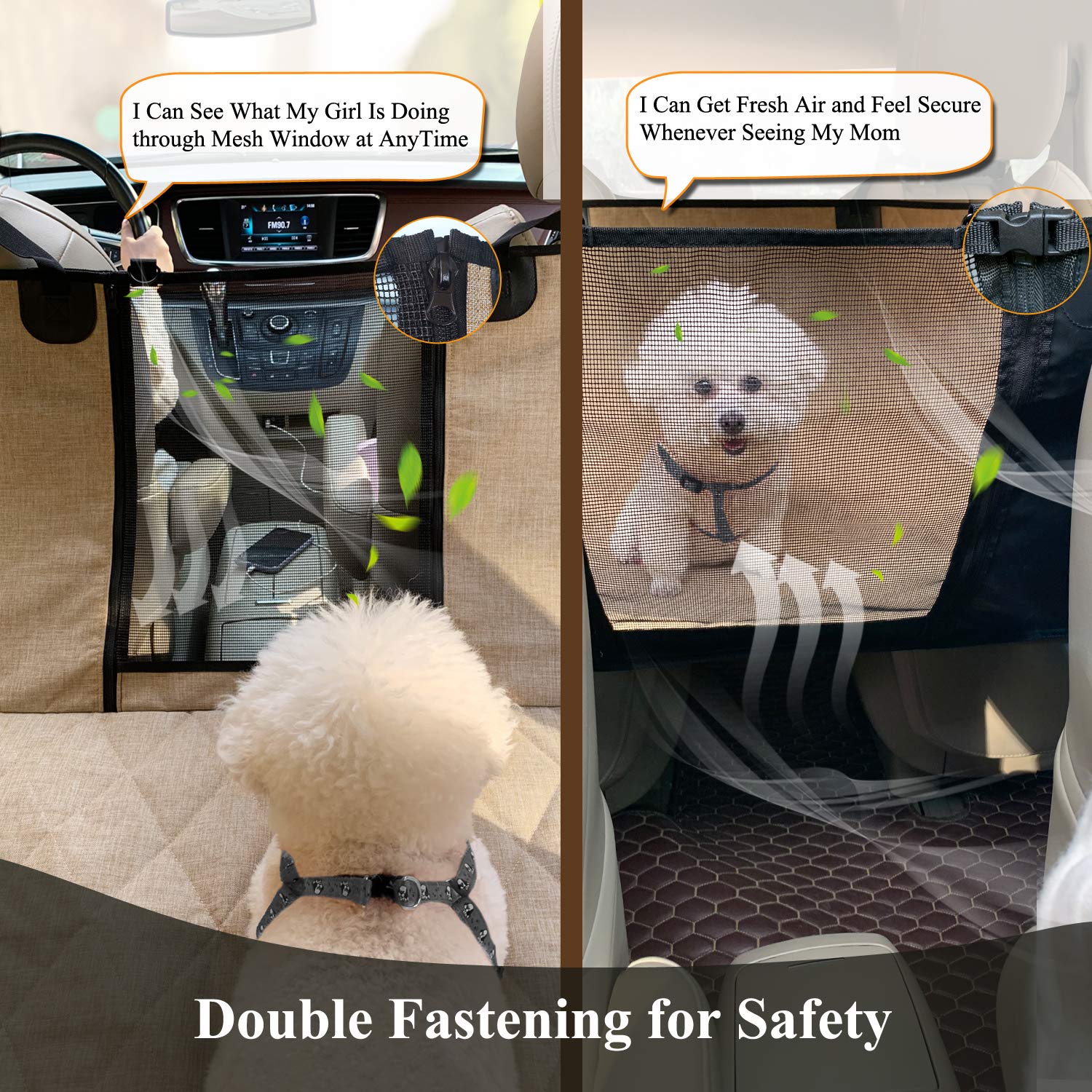 VIVAGLORY Dog Car Seat Covers, Hammock Seat Cover Mesh Visual Window with Extra Strap & Buckles, Waterproof & Nonslip Car Back Seat Cover Convert to Bench Seat Cover & Trunk Liner, Heather Khaki S - image 2