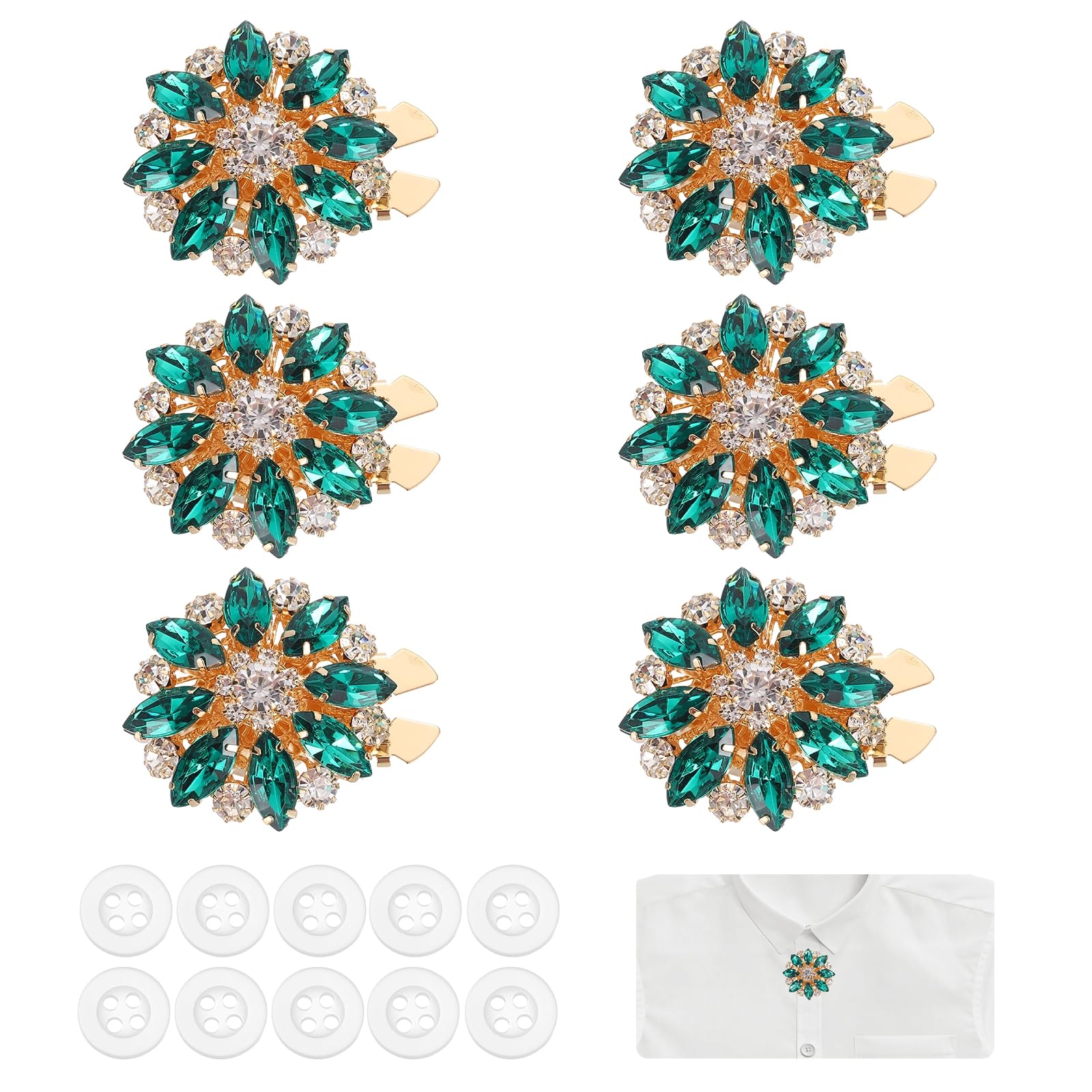 PATIKIL 6 Pcs Rhinestone Button Covers Decorative Clips with 10 Pcs White Sewing Buttons Detachable Marquise Sewing Replacement for Women Men DIY Crafts Accessories (Green/Gold)